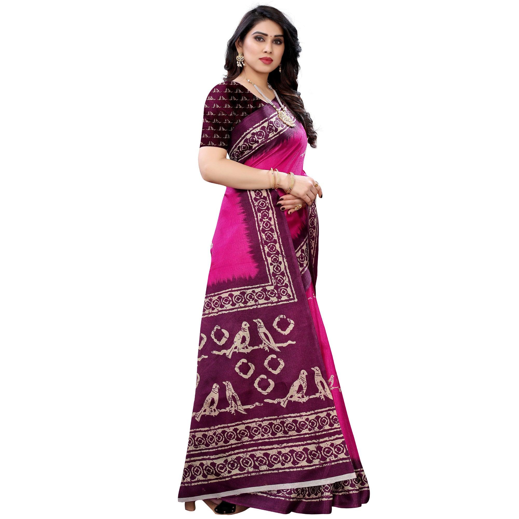 Navy Blue Casual Wear Printed Art Silk Saree - Peachmode