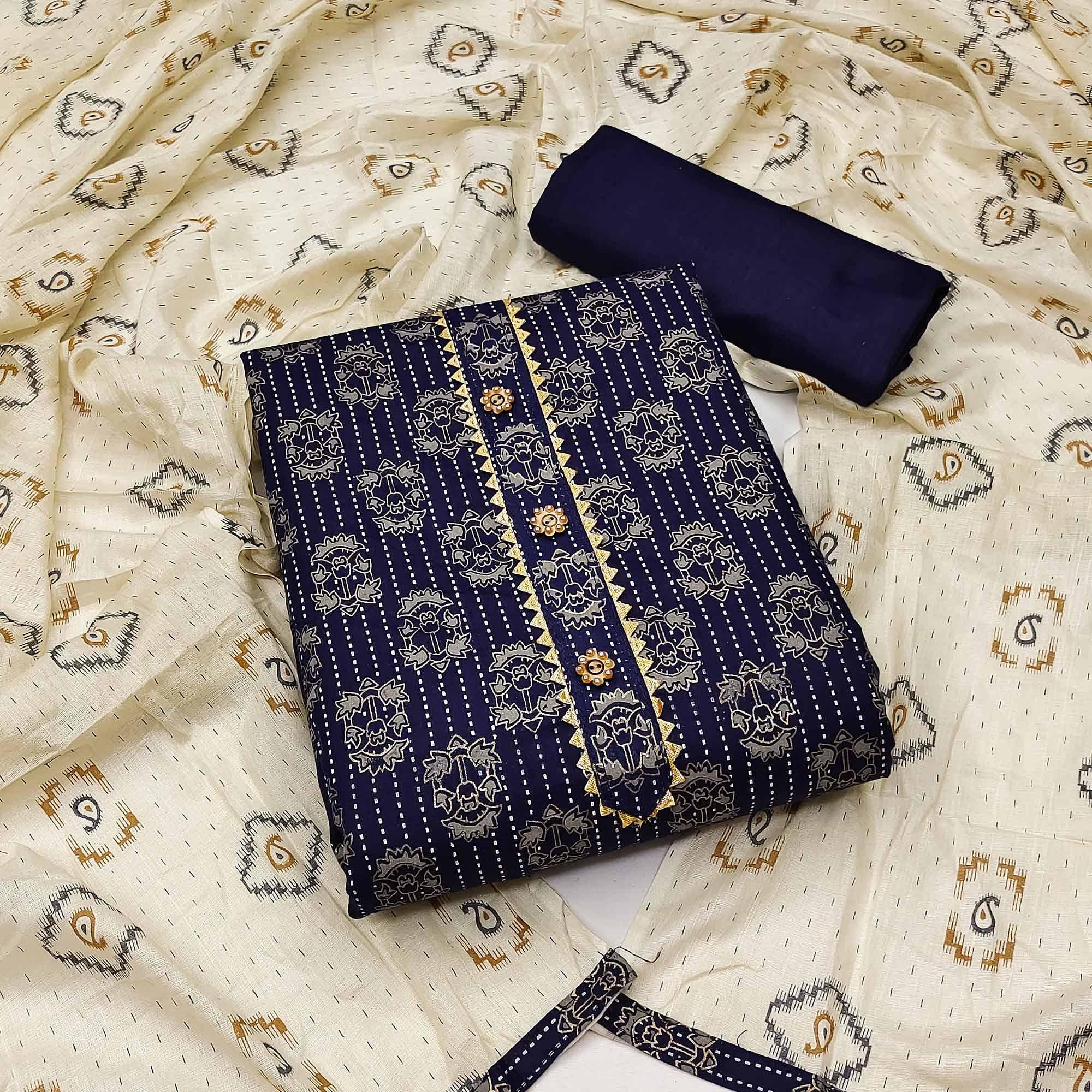Navy Blue Casual Wear Printed Cotton Dress Material - Peachmode