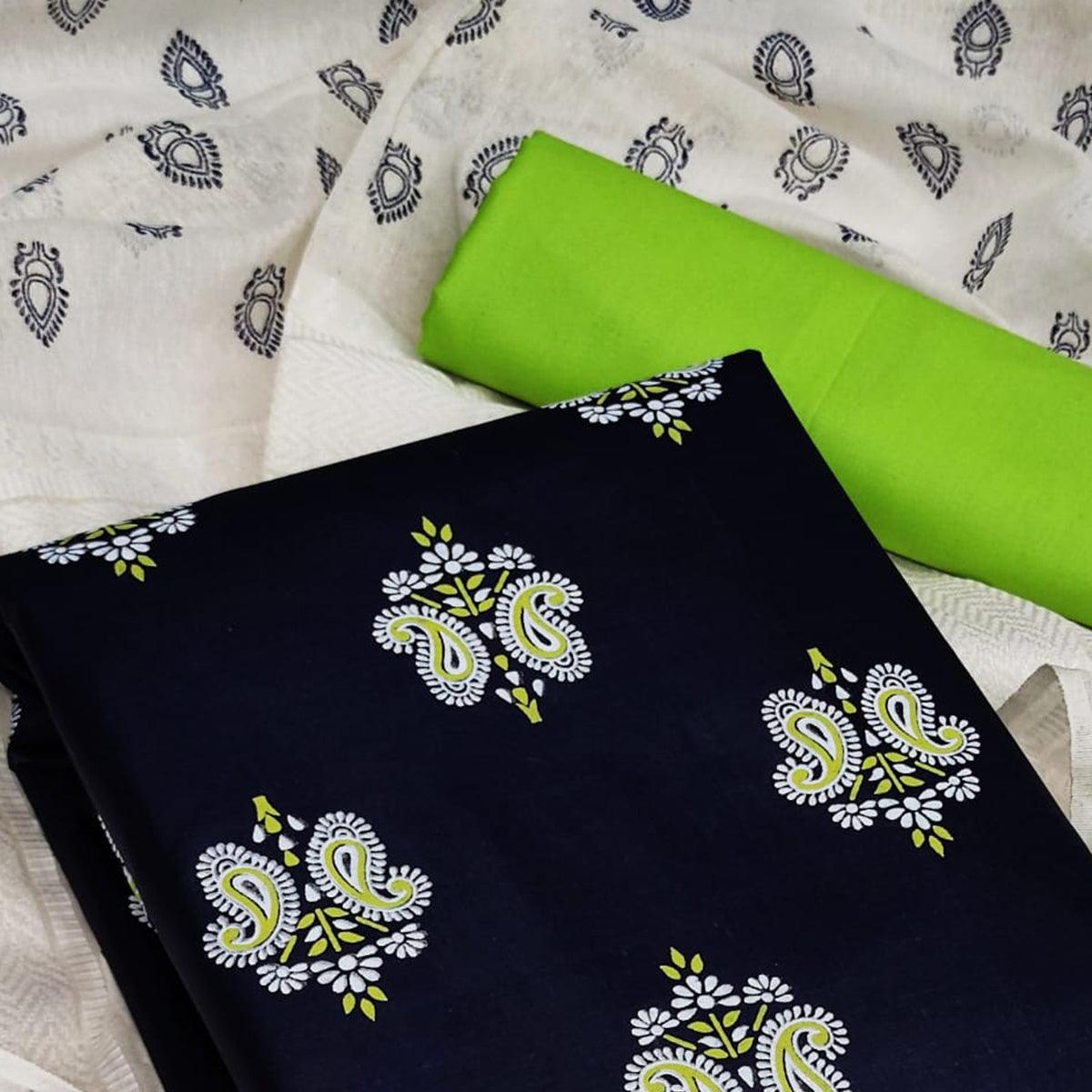 Navy Blue Casual Wear Printed Cotton Dress Material - Peachmode
