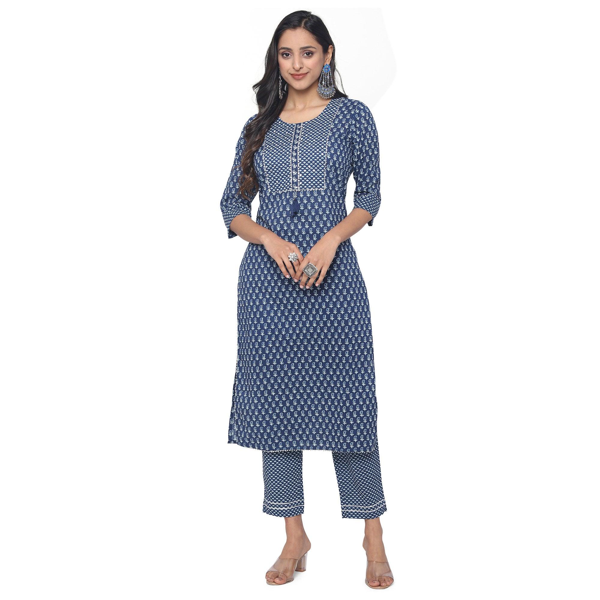 Navy Blue Casual Wear Printed Cotton Kurti Pant Set - Peachmode