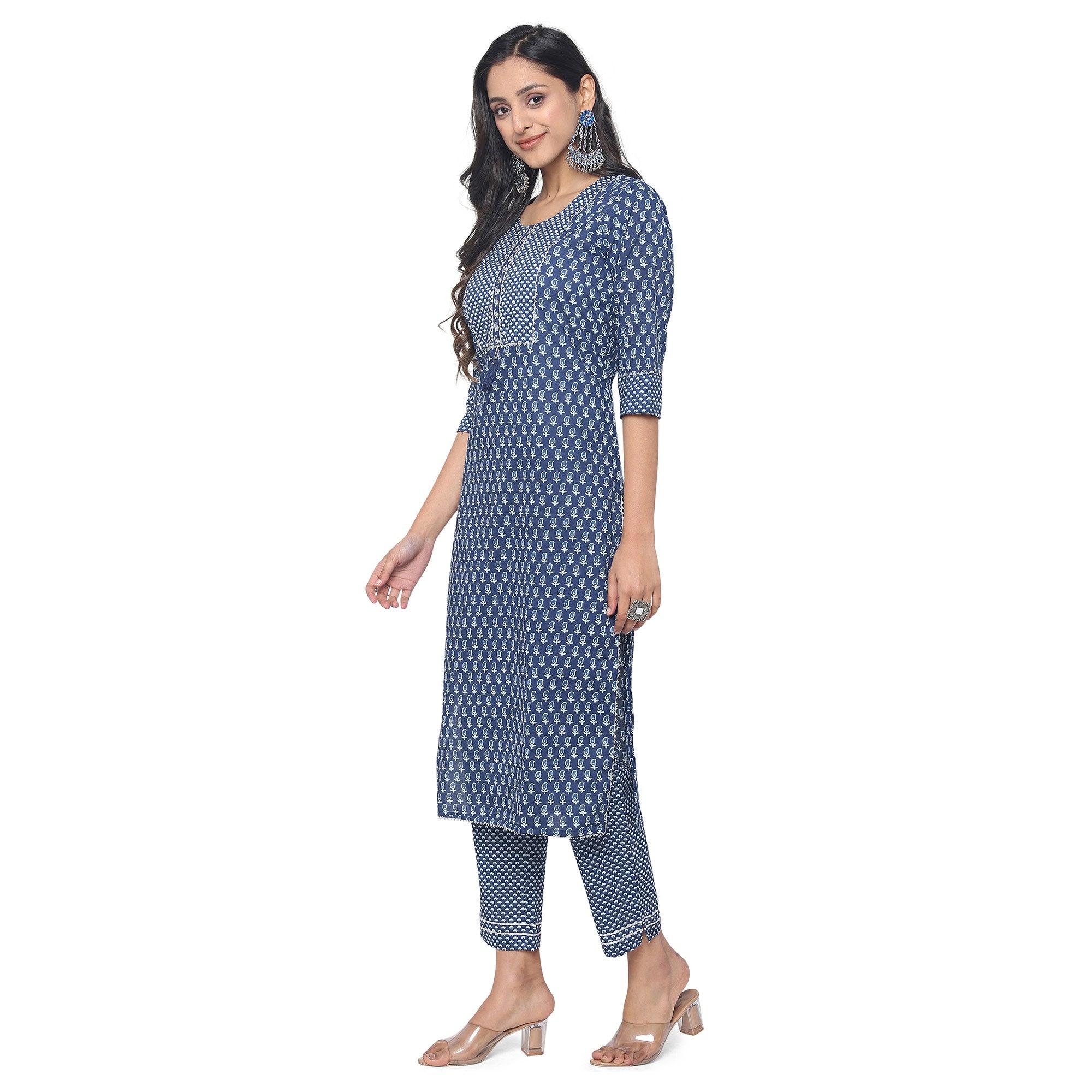 Navy Blue Casual Wear Printed Cotton Kurti Pant Set - Peachmode