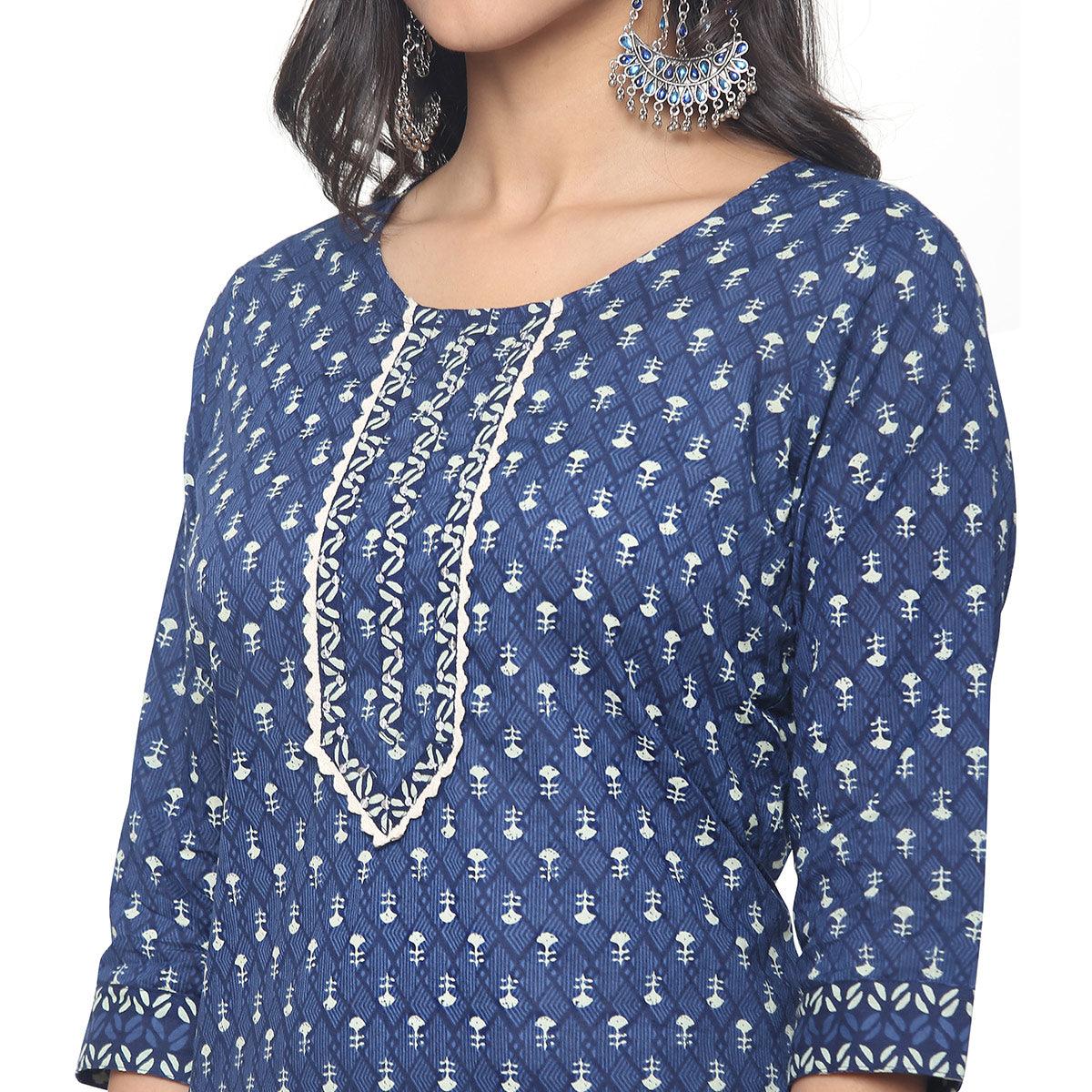 Navy Blue Casual Wear Printed Cotton Kurti Pant Set - Peachmode