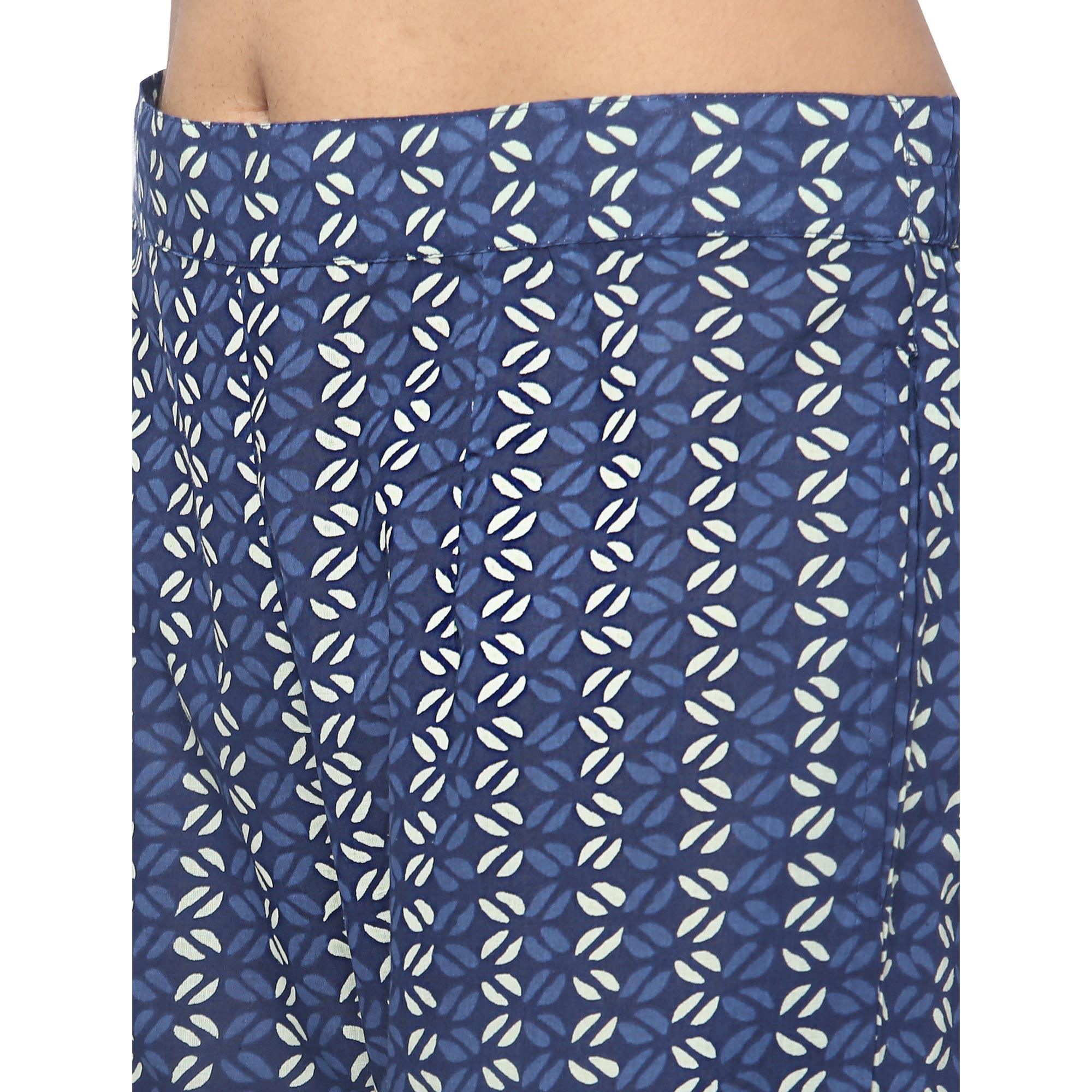 Navy Blue Casual Wear Printed Cotton Kurti Pant Set - Peachmode