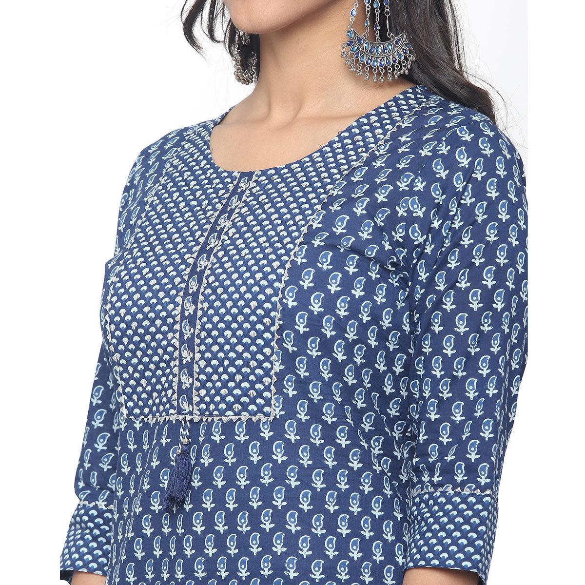 Navy Blue Casual Wear Printed Cotton Kurti Pant Set - Peachmode