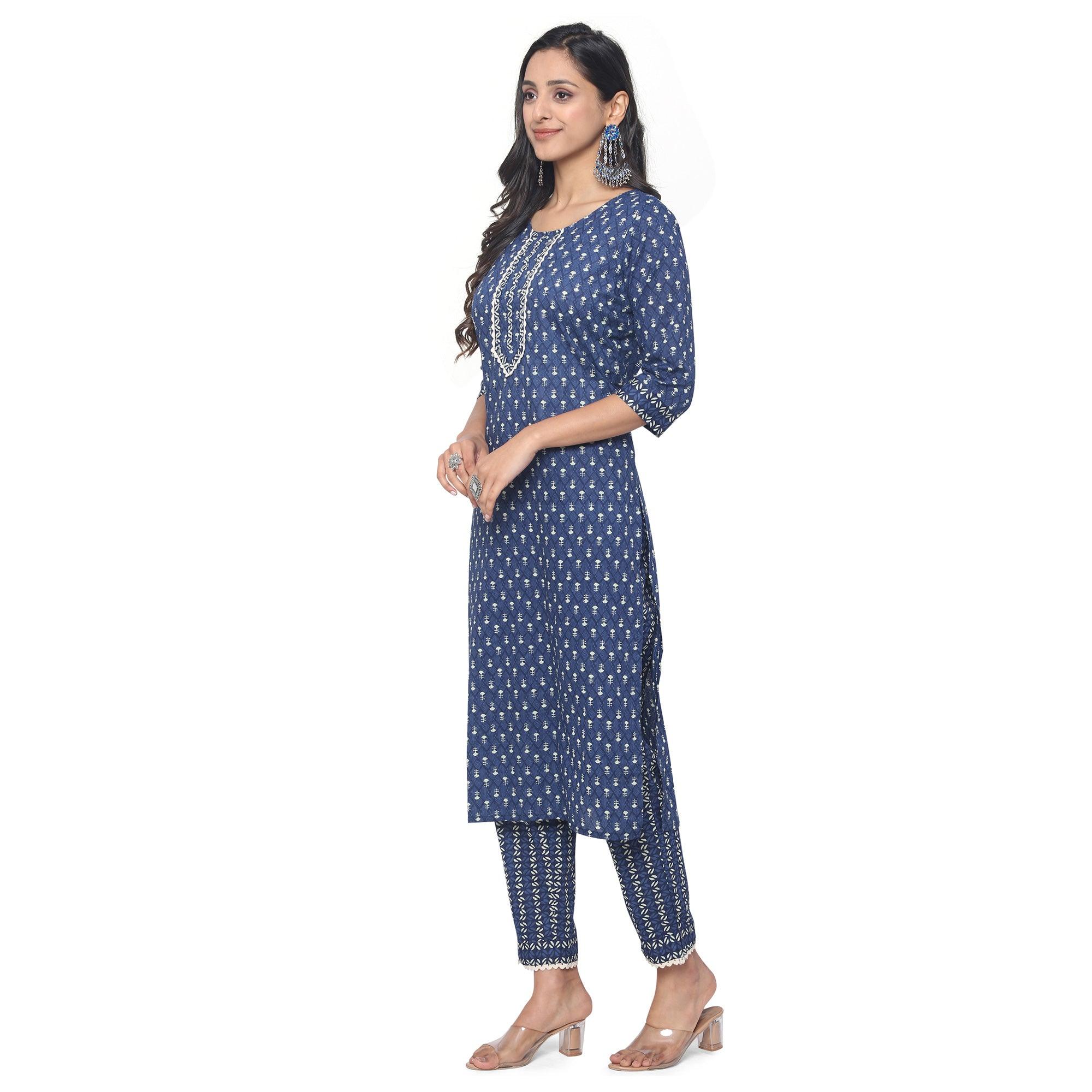 Navy Blue Casual Wear Printed Cotton Kurti Pant Set - Peachmode