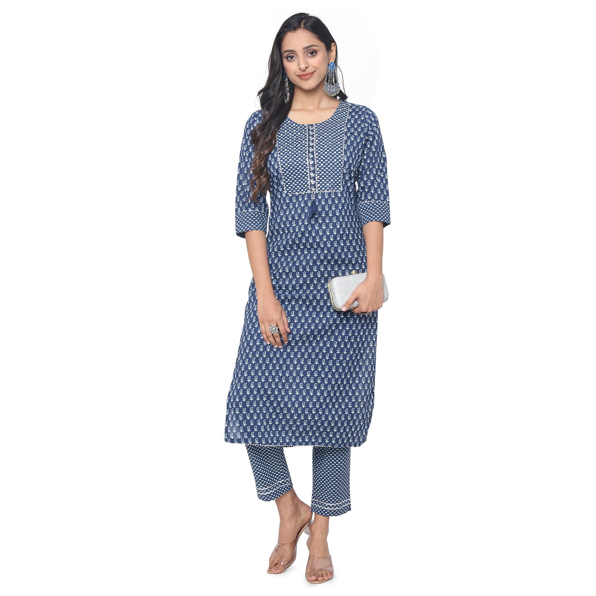 Navy Blue Casual Wear Printed Cotton Kurti Pant Set - Peachmode