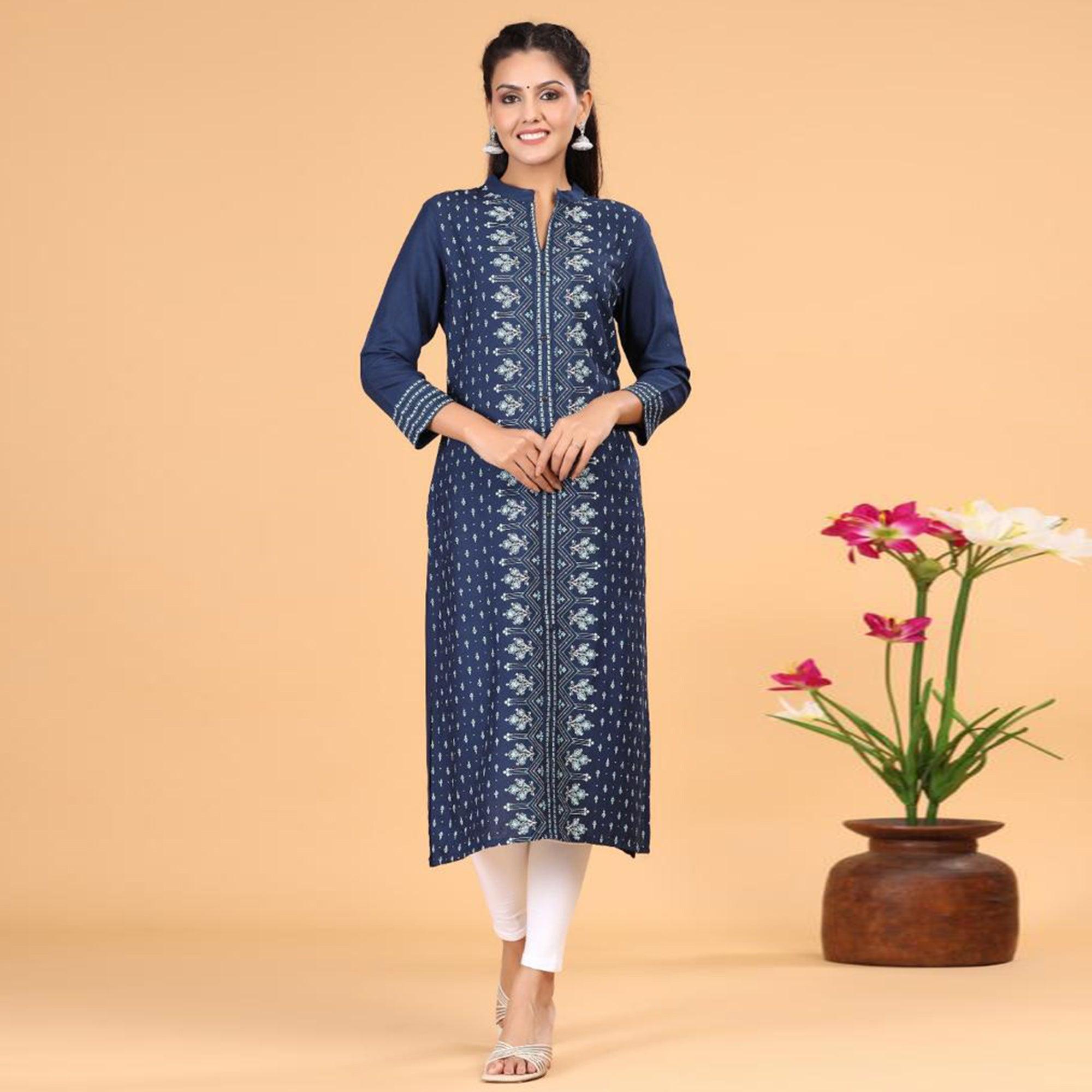 Navy Blue Casual Wear Printed Cotton Kurti - Peachmode