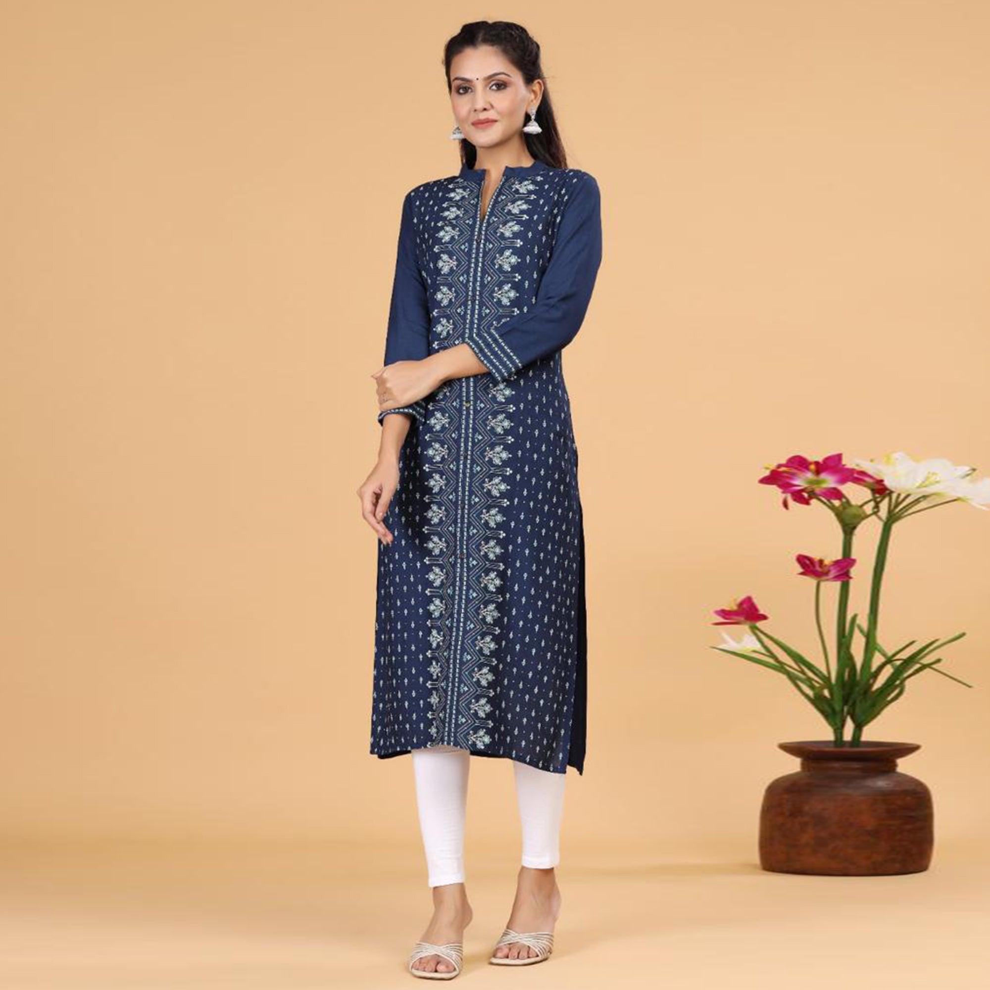 Navy Blue Casual Wear Printed Cotton Kurti - Peachmode