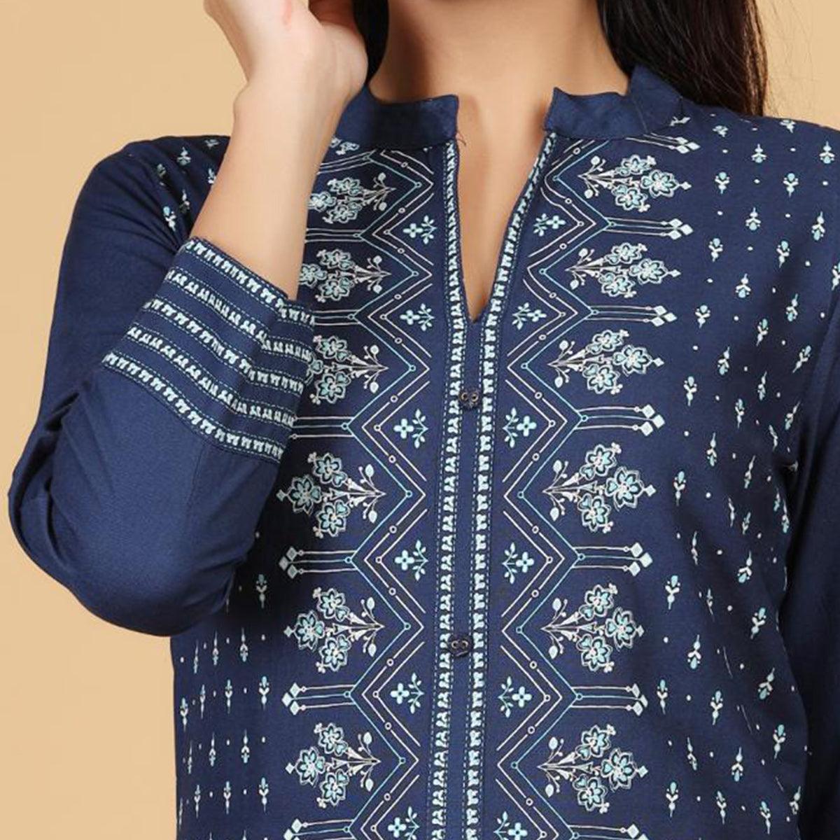 Navy Blue Casual Wear Printed Cotton Kurti - Peachmode