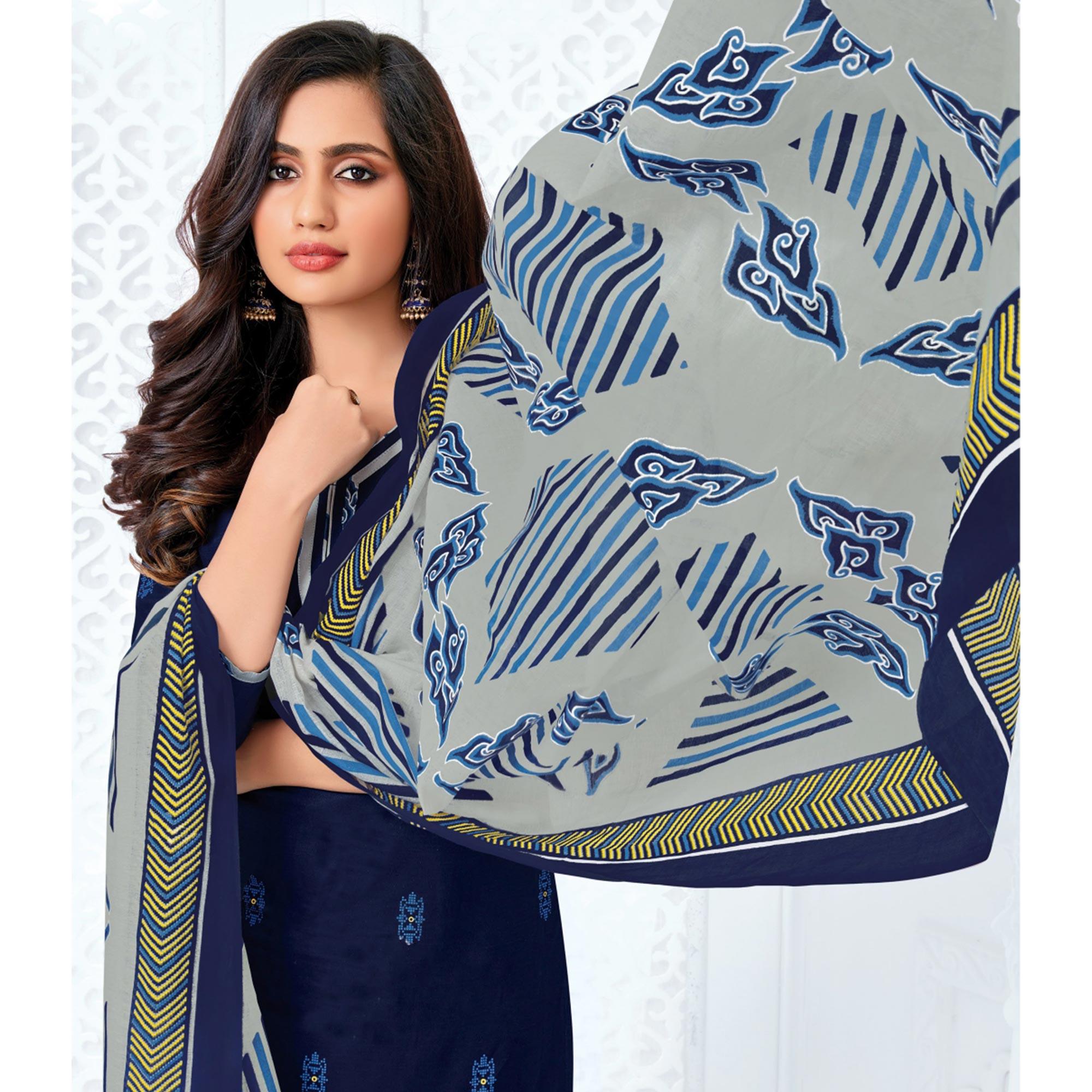 Navy Blue Casual Wear Printed Cotton Patiala Dress Material - Peachmode