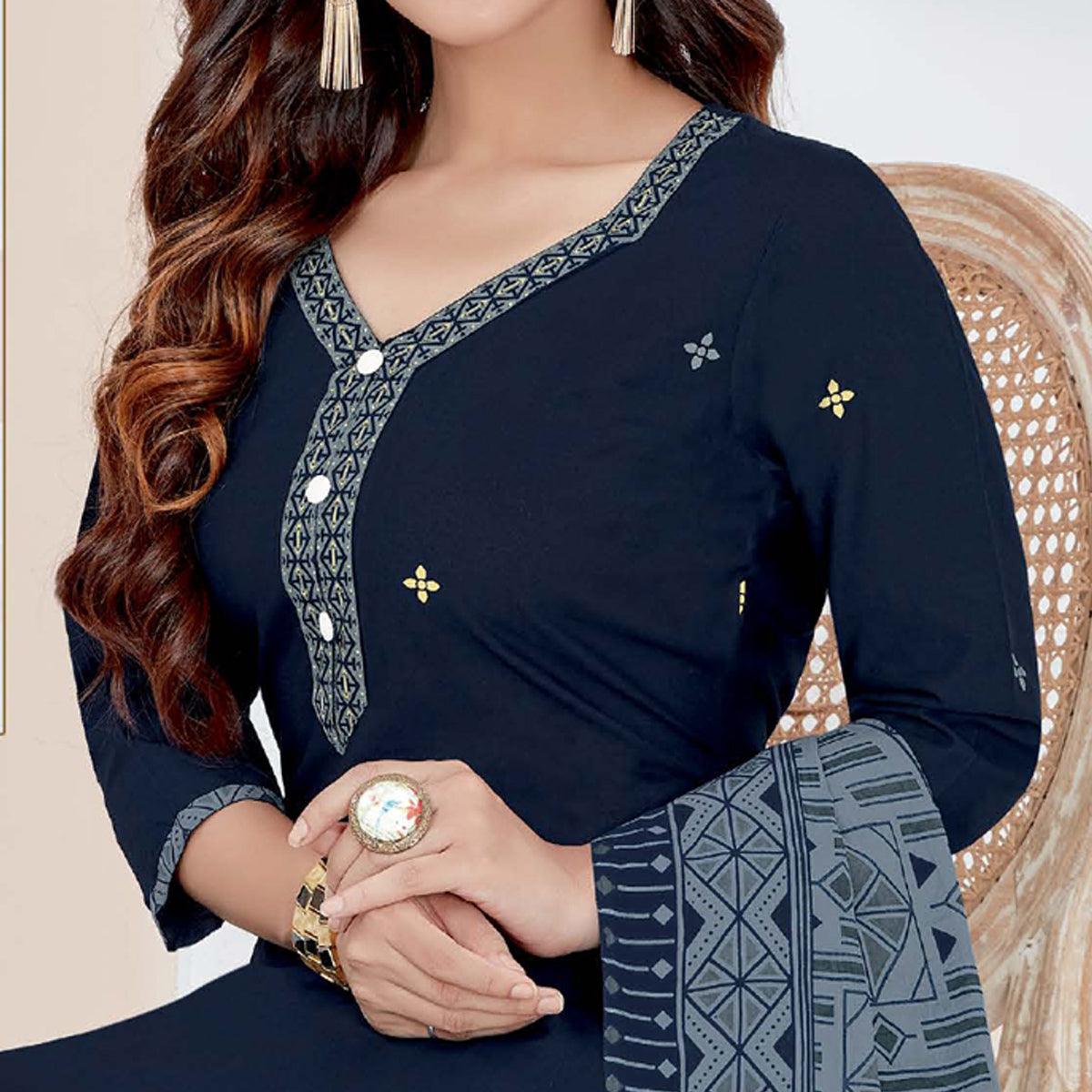 Navy Blue Casual Wear Printed Cotton Patiala Dress Material - Peachmode