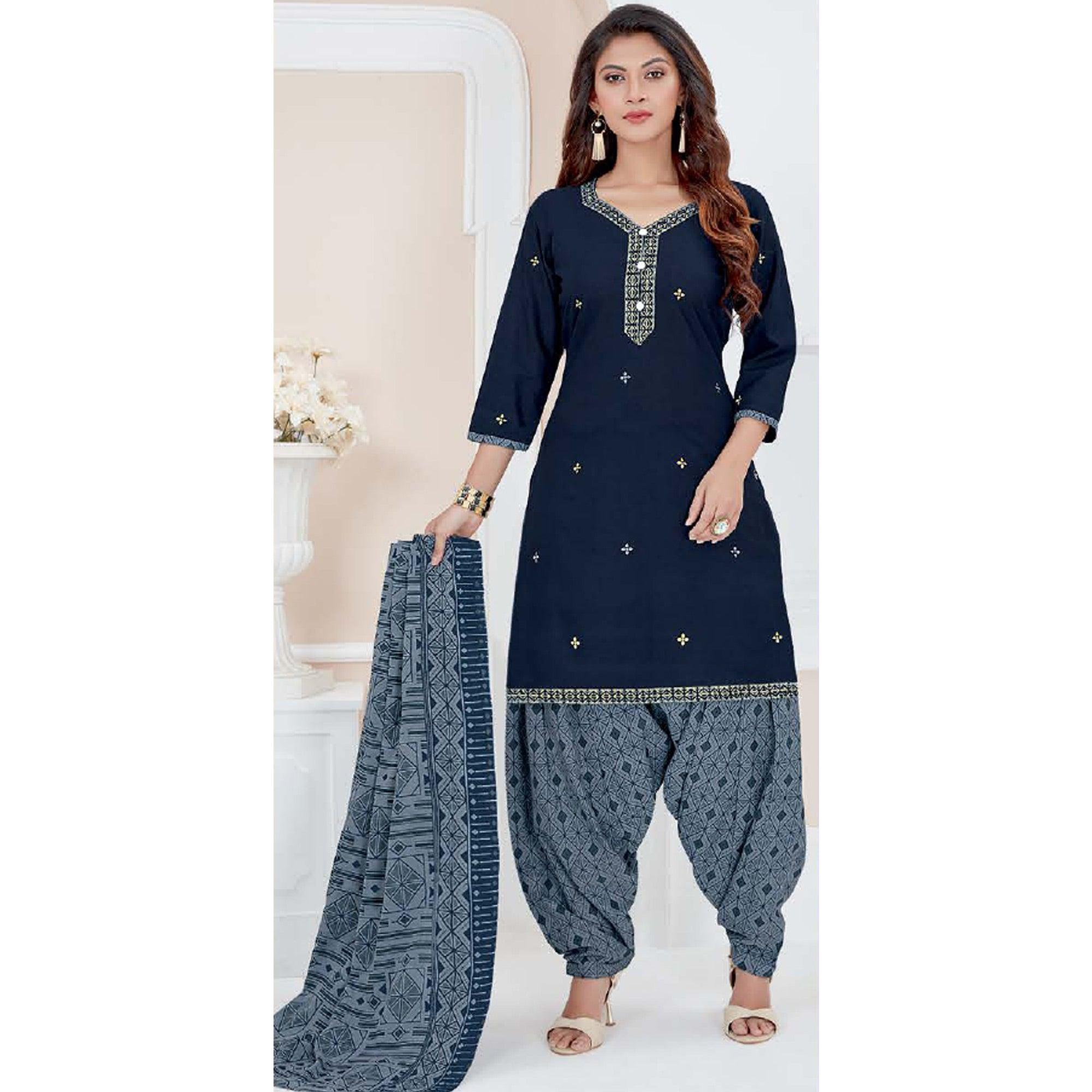 Navy Blue Casual Wear Printed Cotton Patiala Dress Material - Peachmode