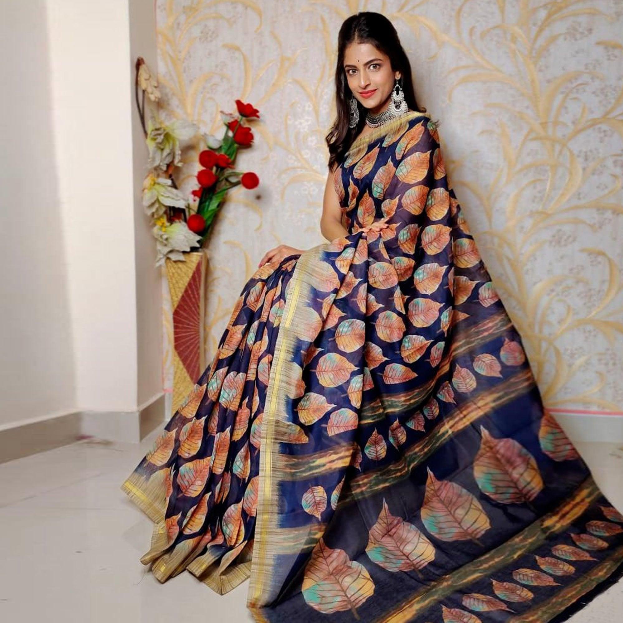 Navy Blue Casual Wear Printed Cotton Silk Saree - Peachmode