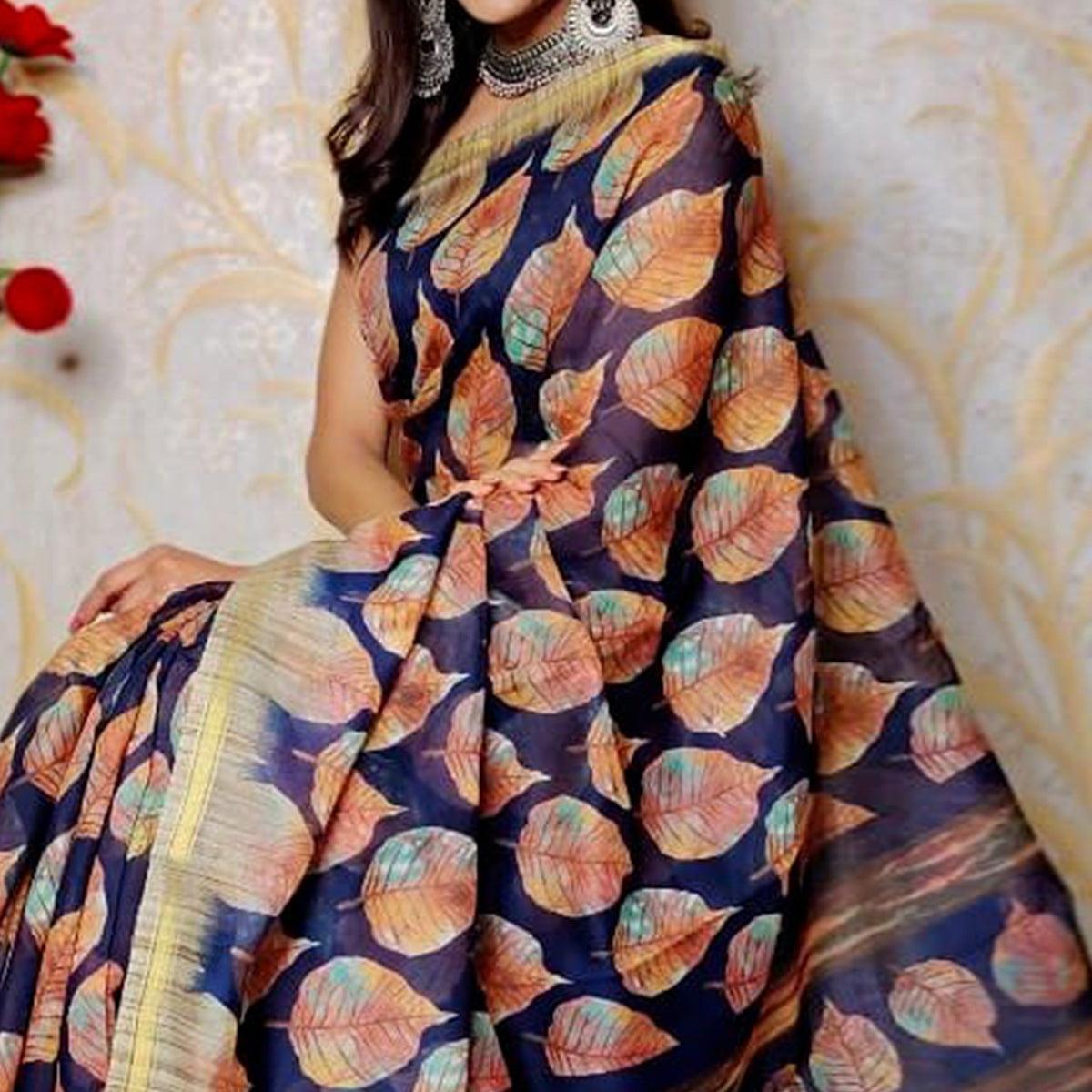 Navy Blue Casual Wear Printed Cotton Silk Saree - Peachmode