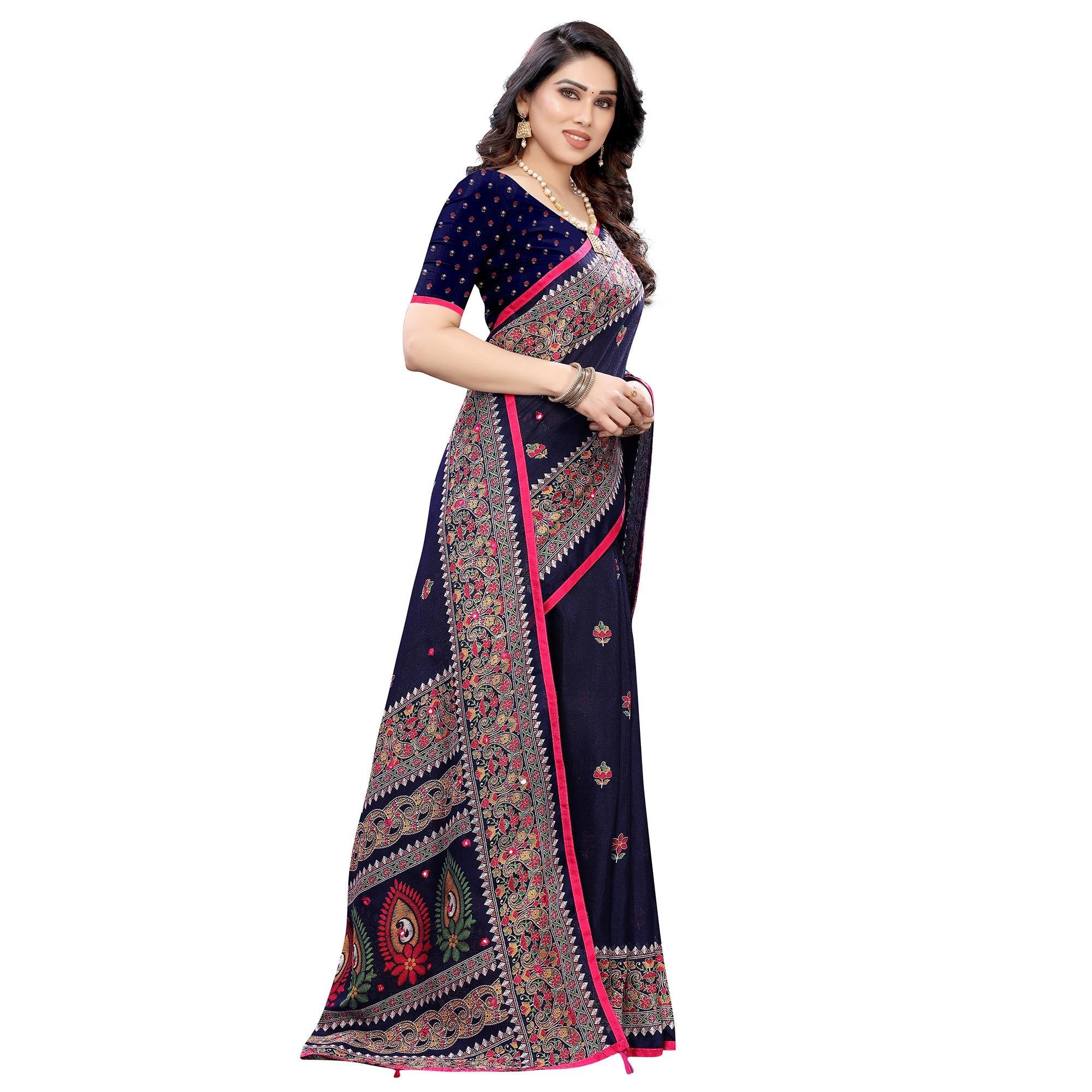 Navy Blue Casual Wear Printed Jute Silk Saree - Peachmode
