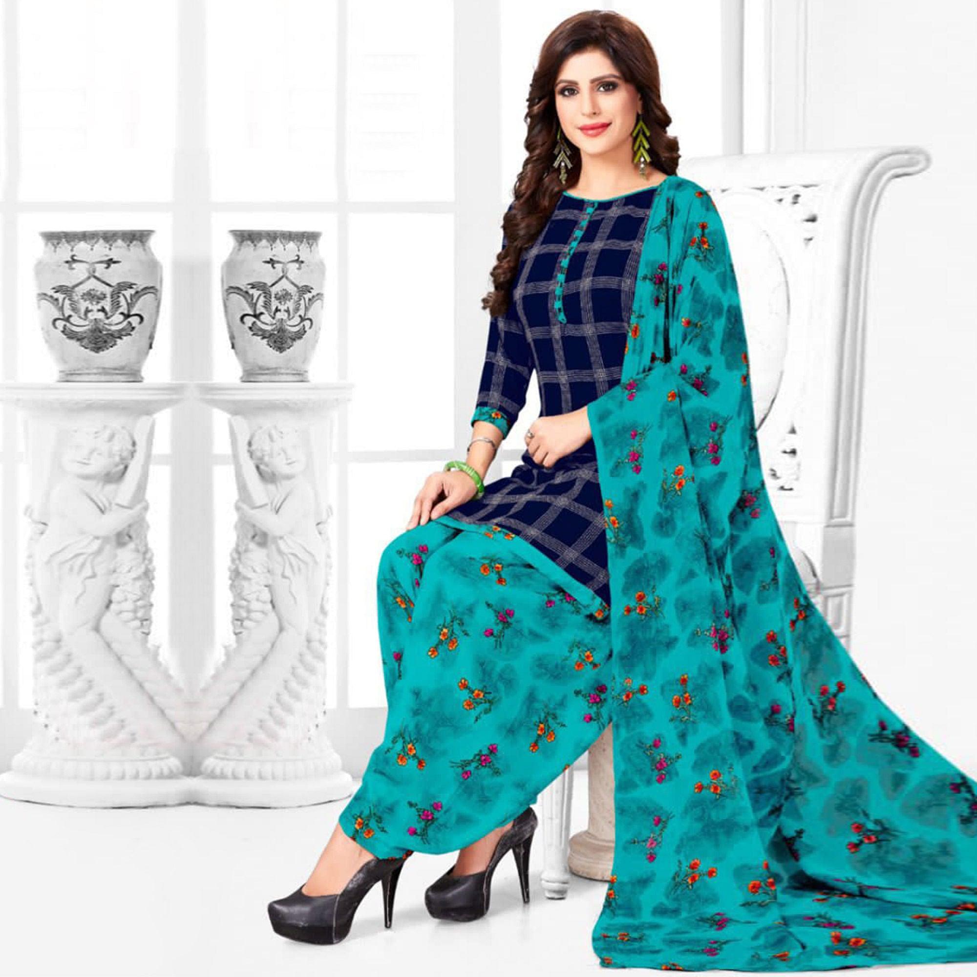 Navy Blue Casual Wear Printed Leon Patiala Dress Material - Peachmode