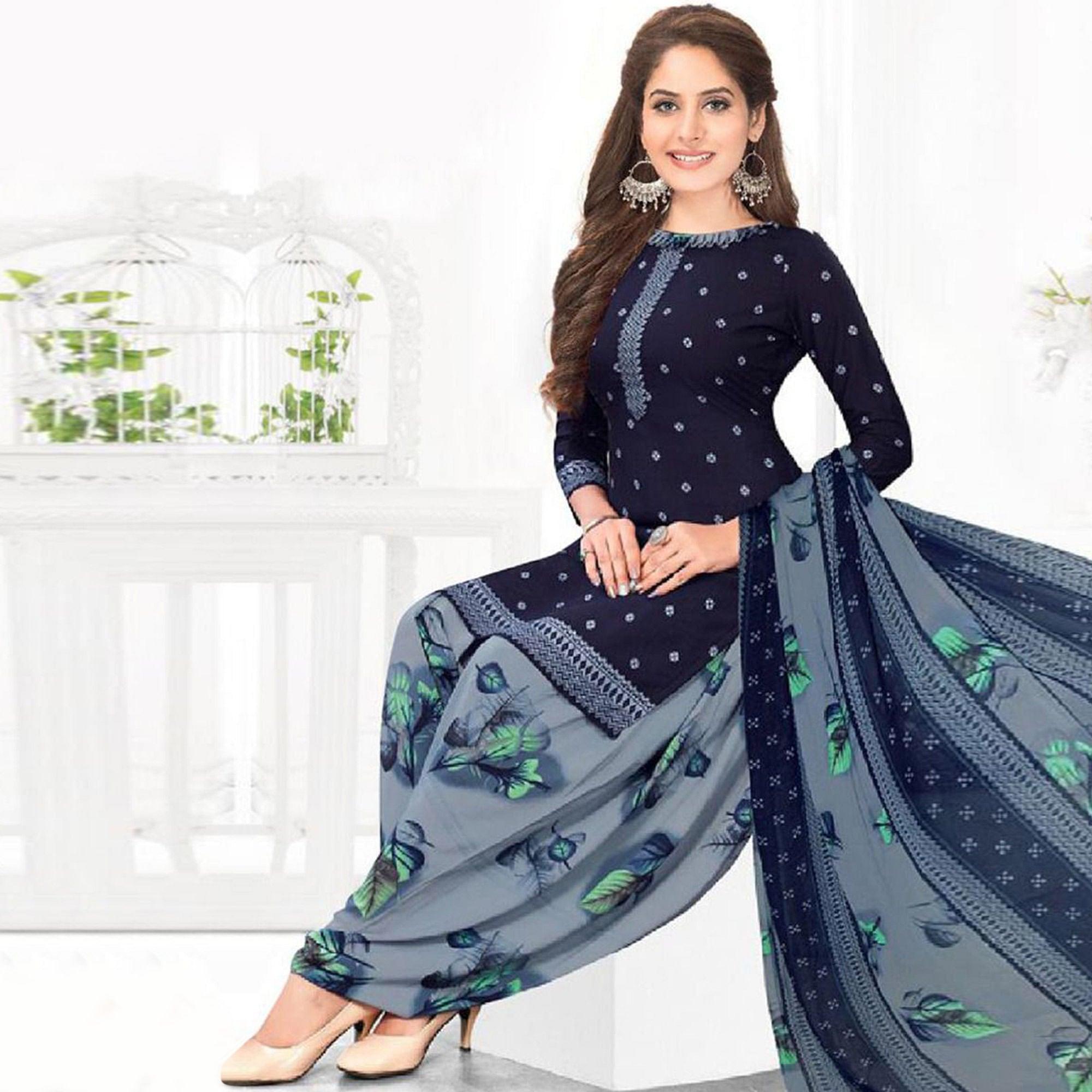 Navy Blue Casual Wear Printed Leon Patiala Dress Material - Peachmode