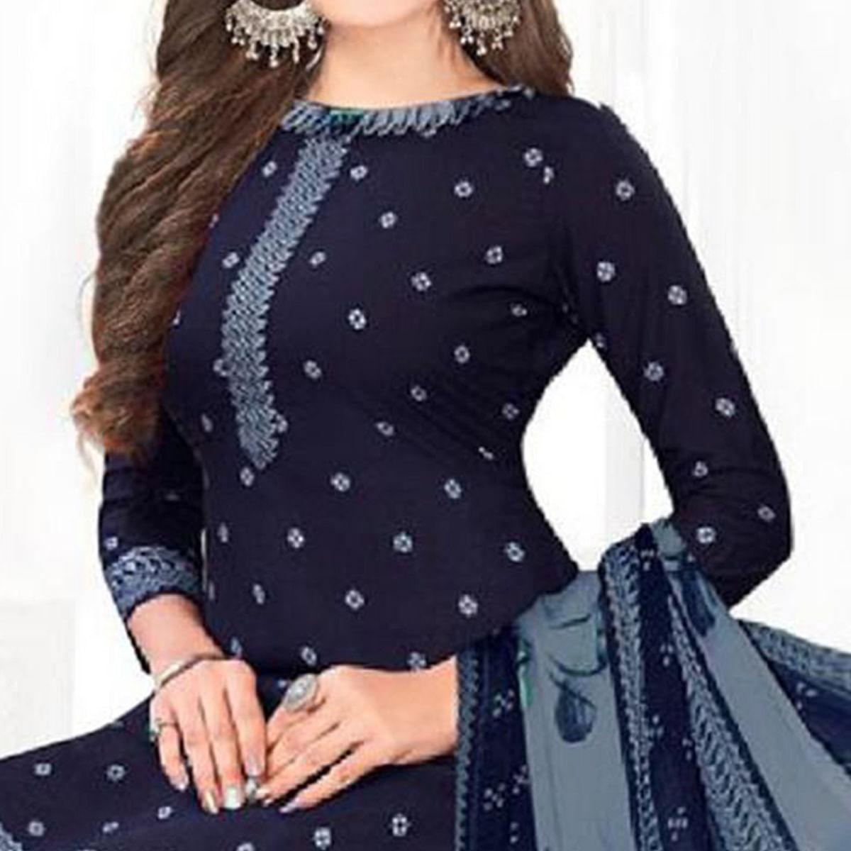 Navy Blue Casual Wear Printed Leon Patiala Dress Material - Peachmode