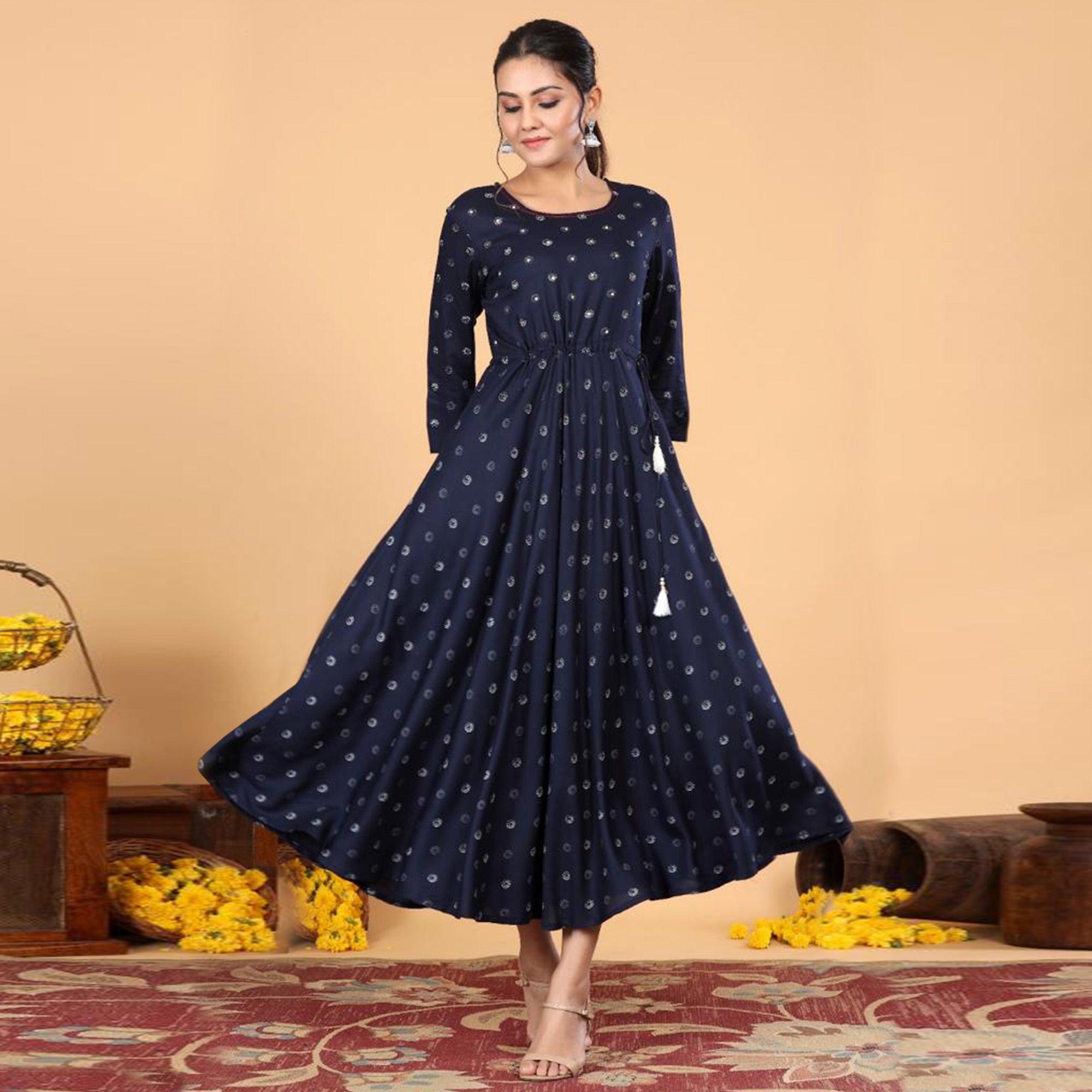 Navy Blue Casual Wear Printed Rayon Long Kurti - Peachmode