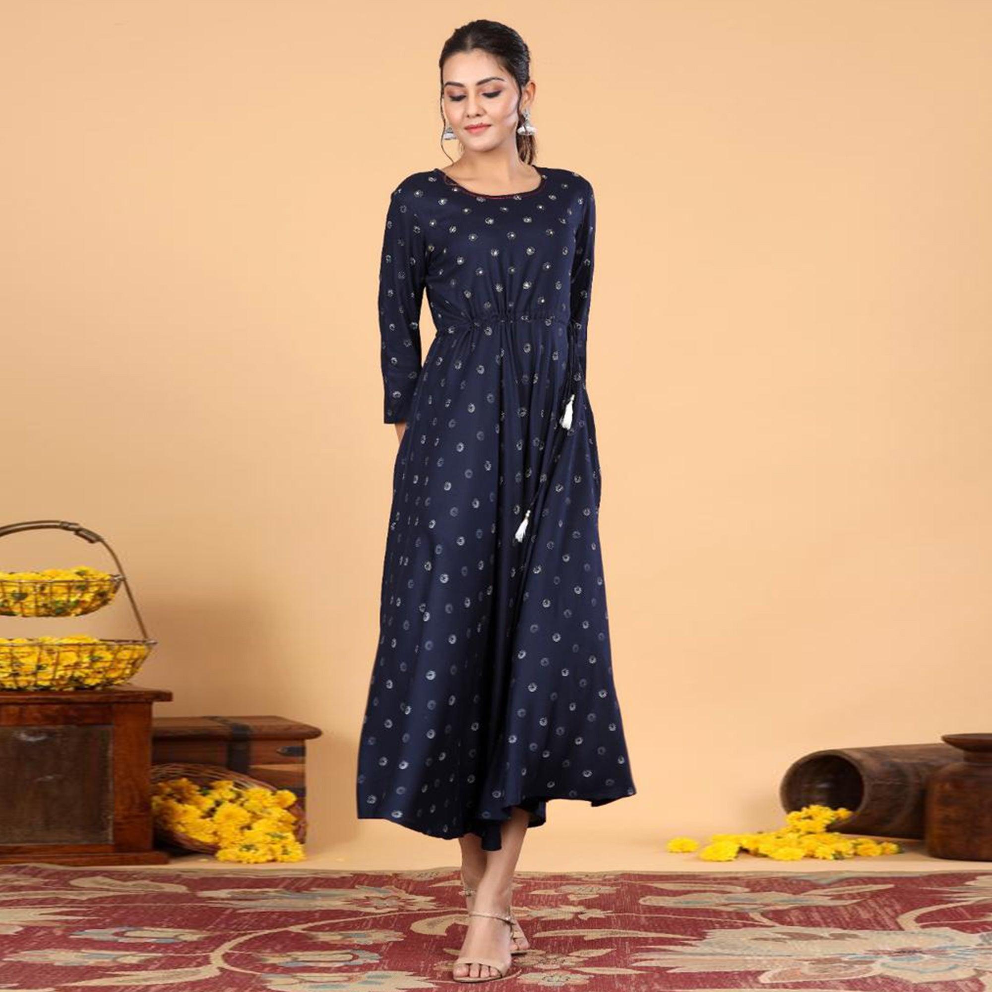 Navy Blue Casual Wear Printed Rayon Long Kurti - Peachmode