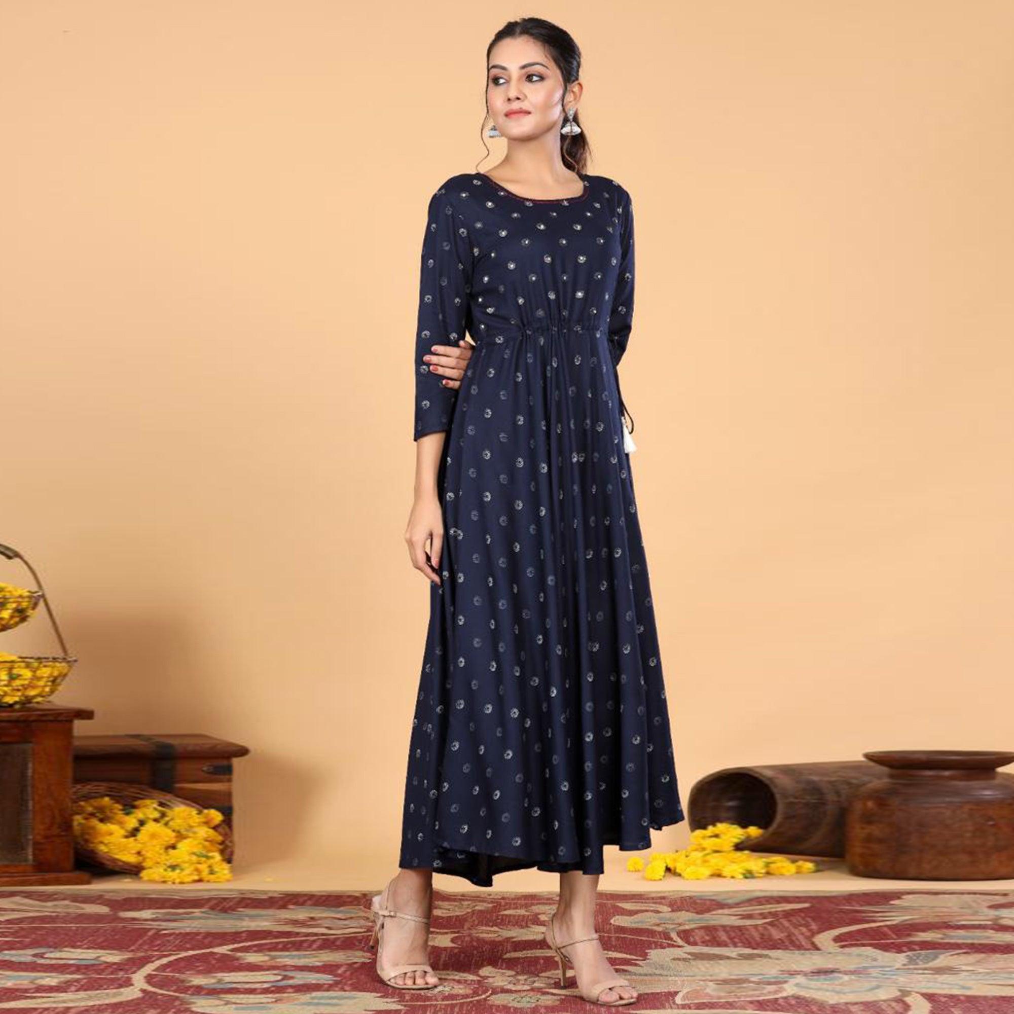 Navy Blue Casual Wear Printed Rayon Long Kurti - Peachmode