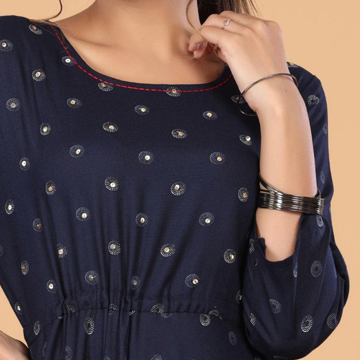 Navy Blue Casual Wear Printed Rayon Long Kurti - Peachmode