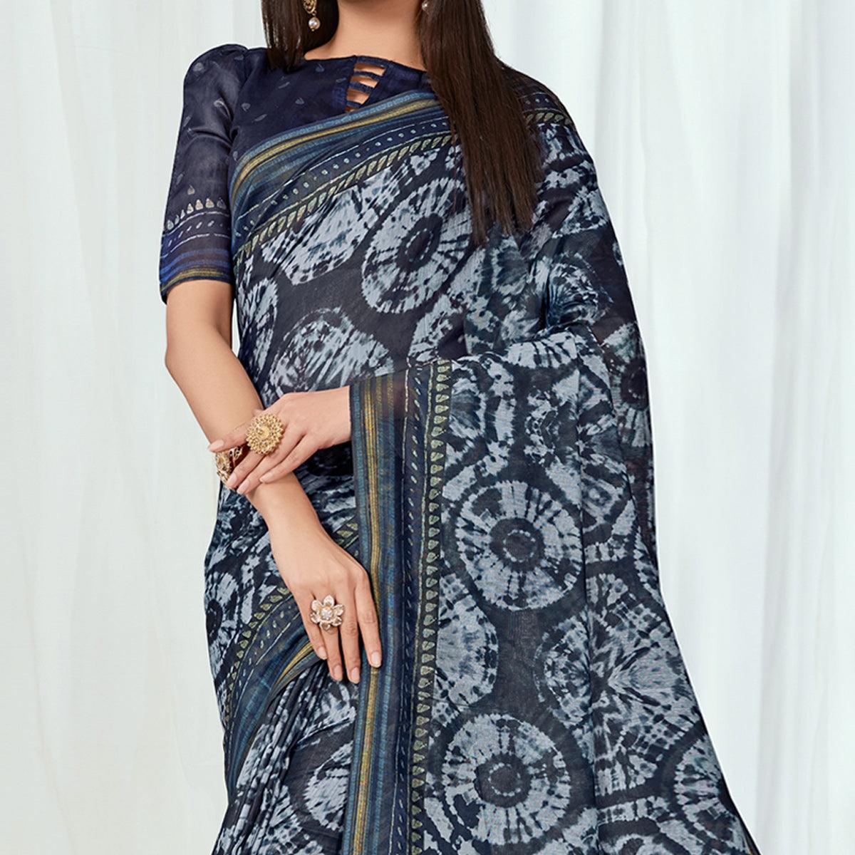 Navy Blue Casual Wear Printed Silk Saree - Peachmode