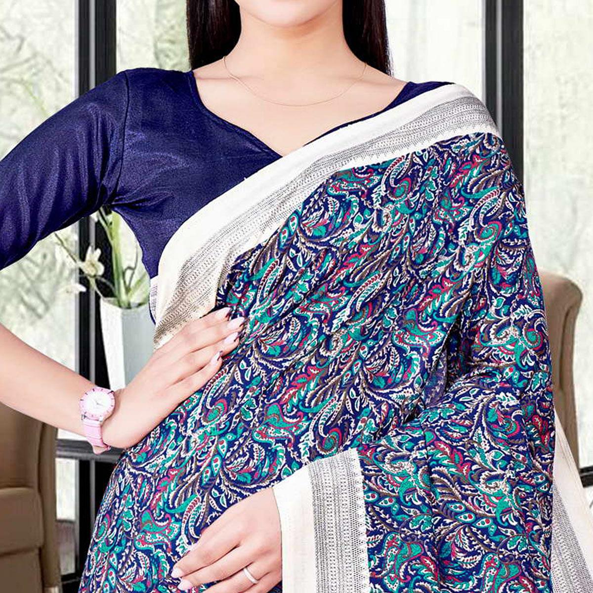 Navy Blue Casual Wear Printed Silk Saree - Peachmode