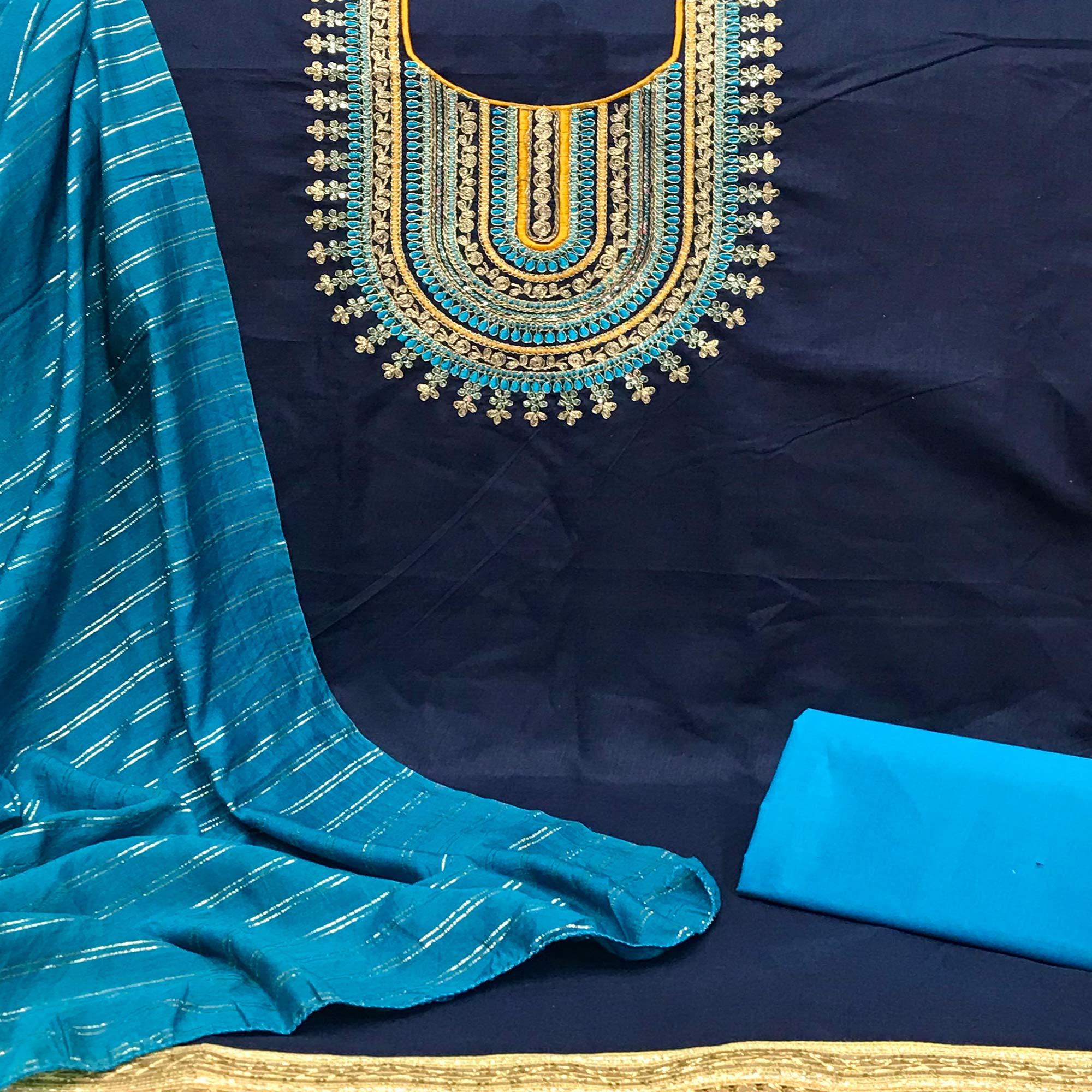 Navy Blue Casual Wear Sequence Embroidered Cotton Dress Material - Peachmode