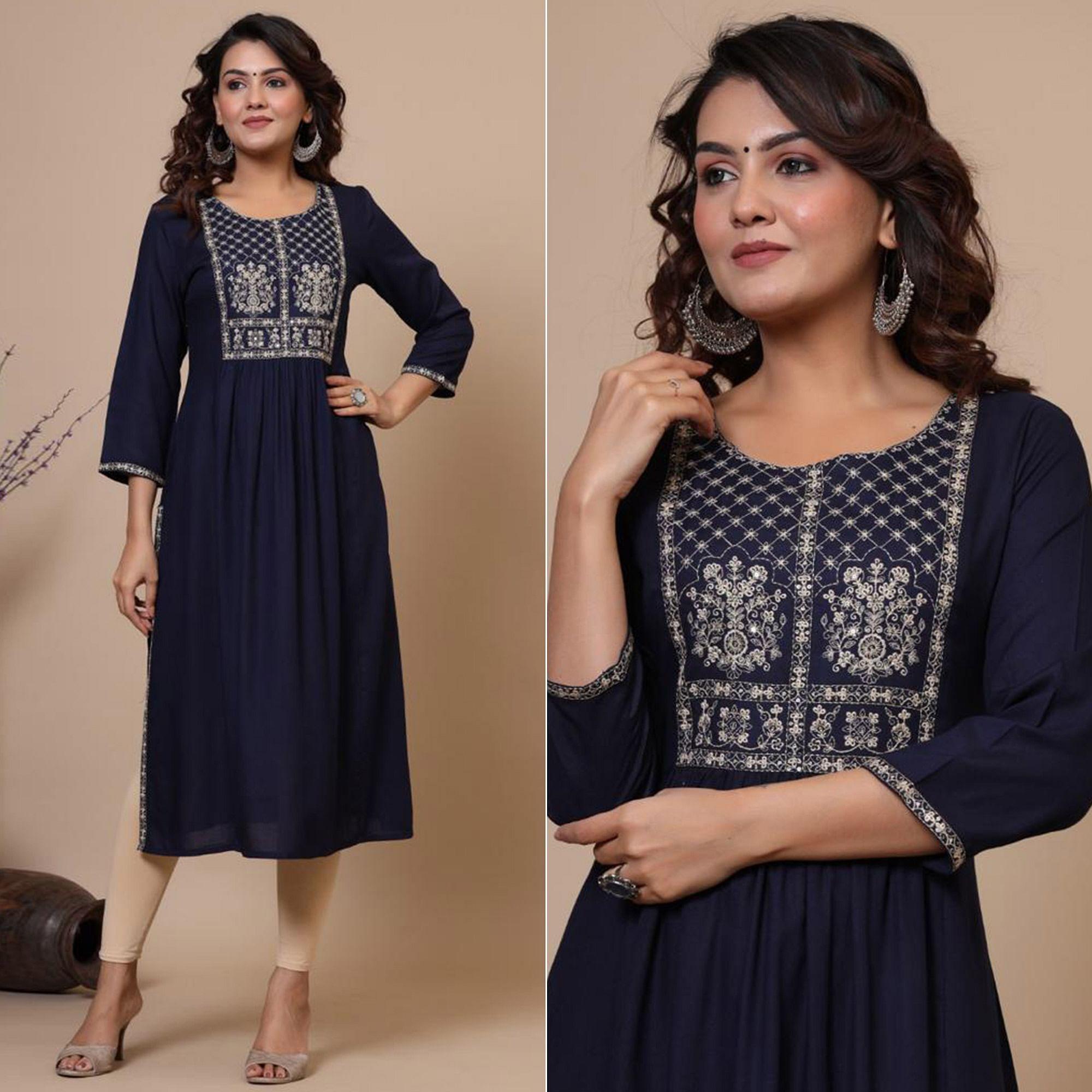 Navy Blue Casual Wear Sequence Embroidered Pure Cotton Kurti - Peachmode