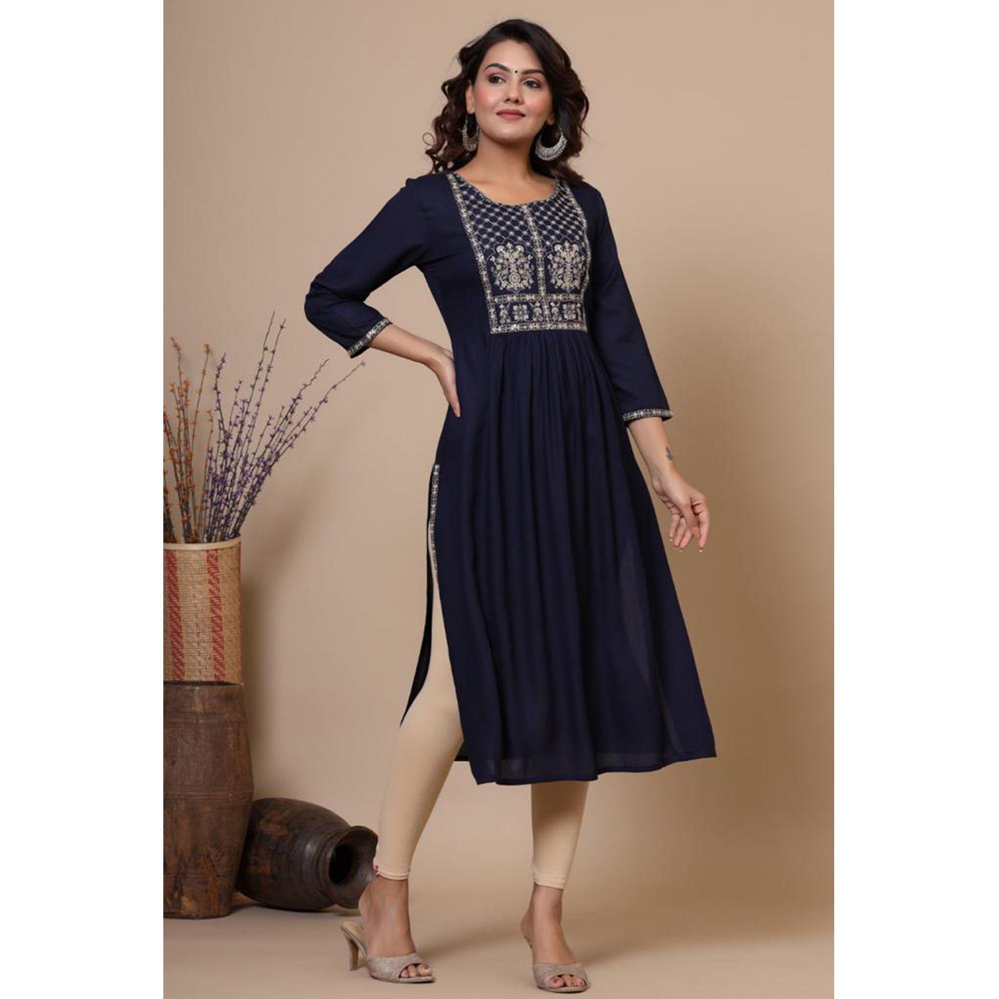 Navy Blue Casual Wear Sequence Embroidered Pure Cotton Kurti - Peachmode