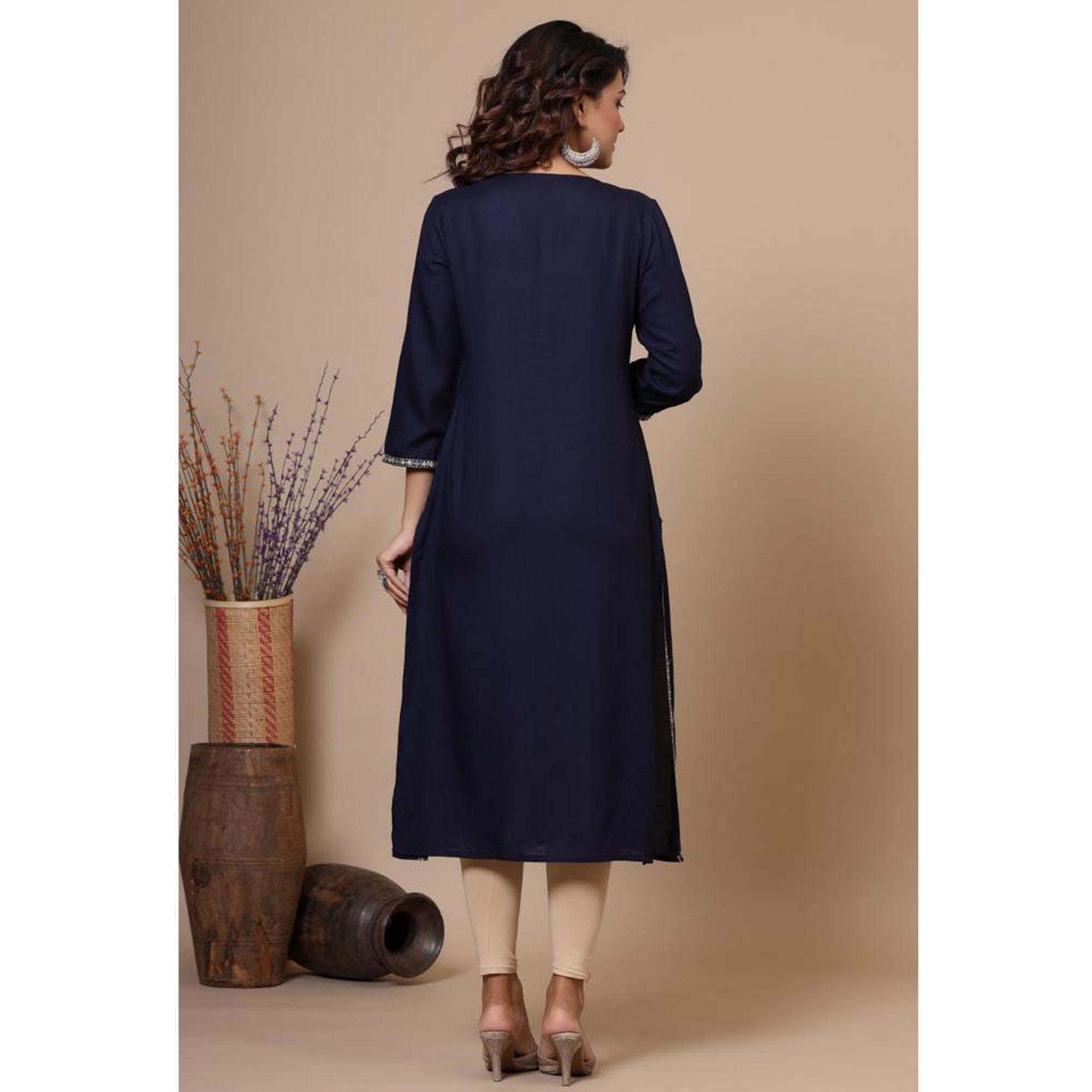 Navy Blue Casual Wear Sequence Embroidered Pure Cotton Kurti - Peachmode