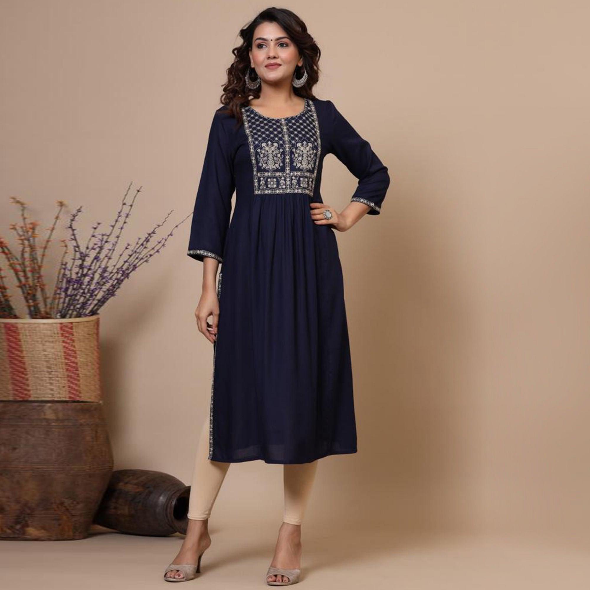 Navy Blue Casual Wear Sequence Embroidered Pure Cotton Kurti - Peachmode