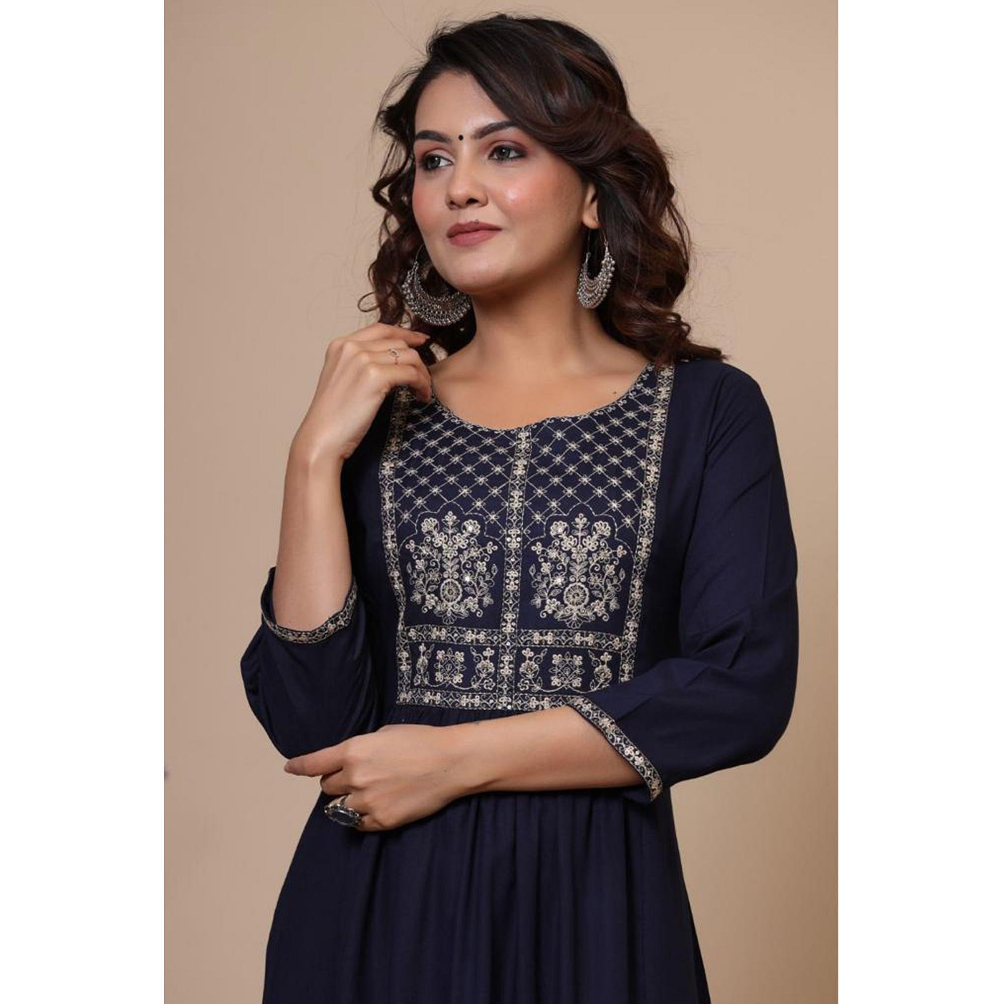 Navy Blue Casual Wear Sequence Embroidered Pure Cotton Kurti - Peachmode