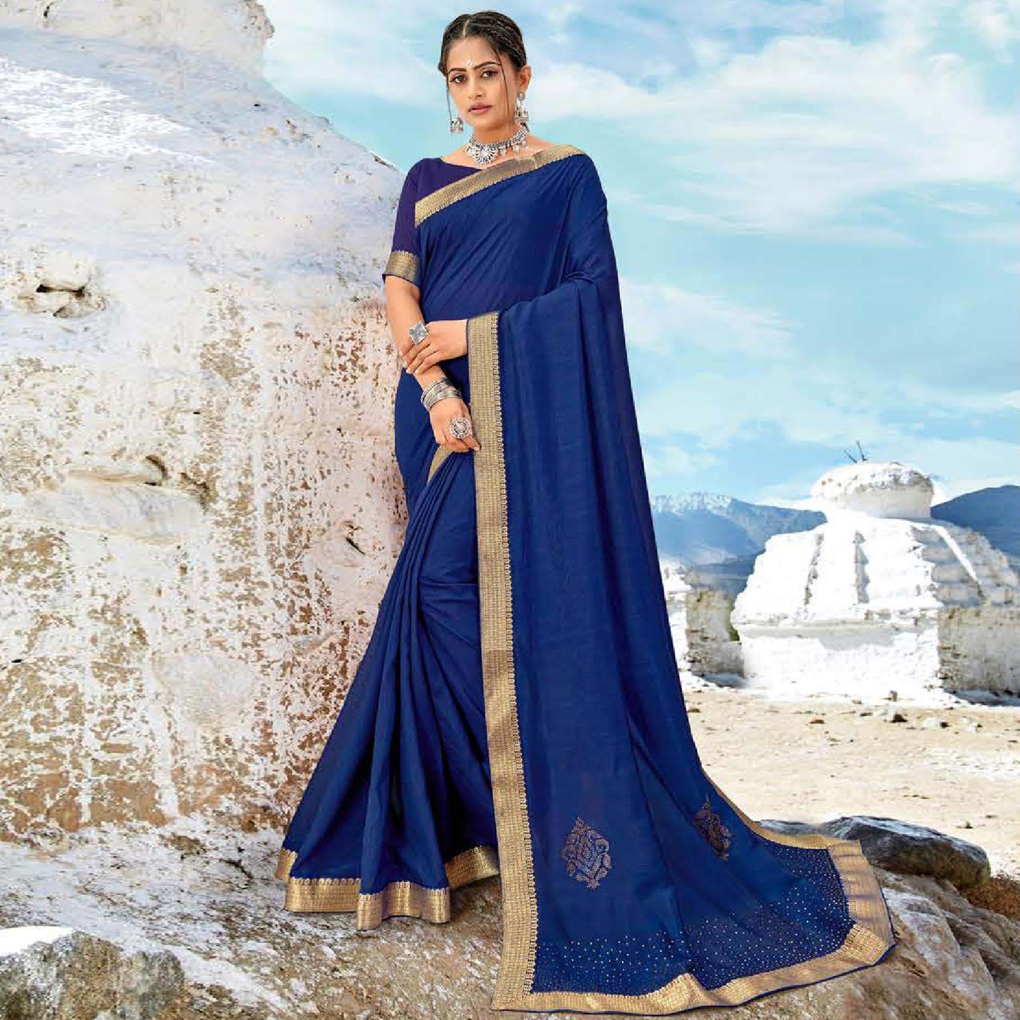 Navy Blue Casual Wear Solid And Woven Silk Saree - Peachmode