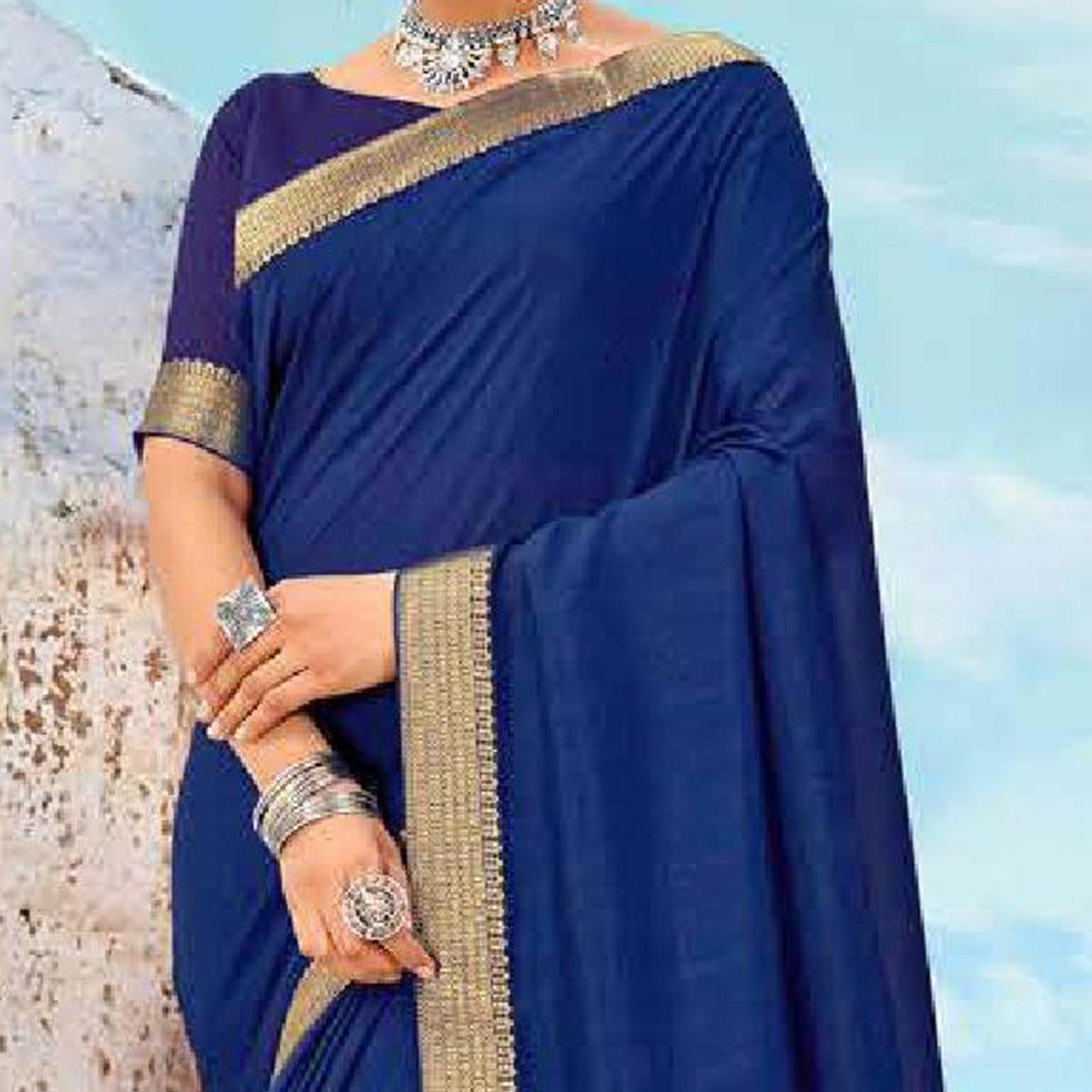 Navy Blue Casual Wear Solid And Woven Silk Saree - Peachmode