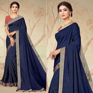 Navy Blue Casual Wear Solid Silk Saree - Peachmode