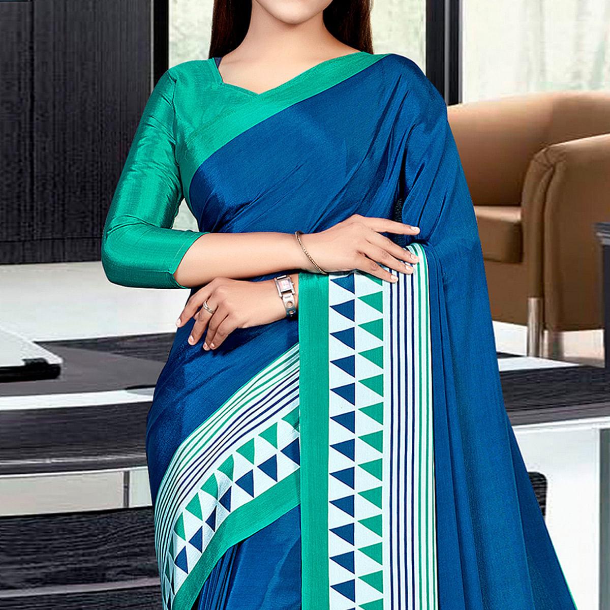 Navy Blue Casual Wear Solid Silk Saree - Peachmode