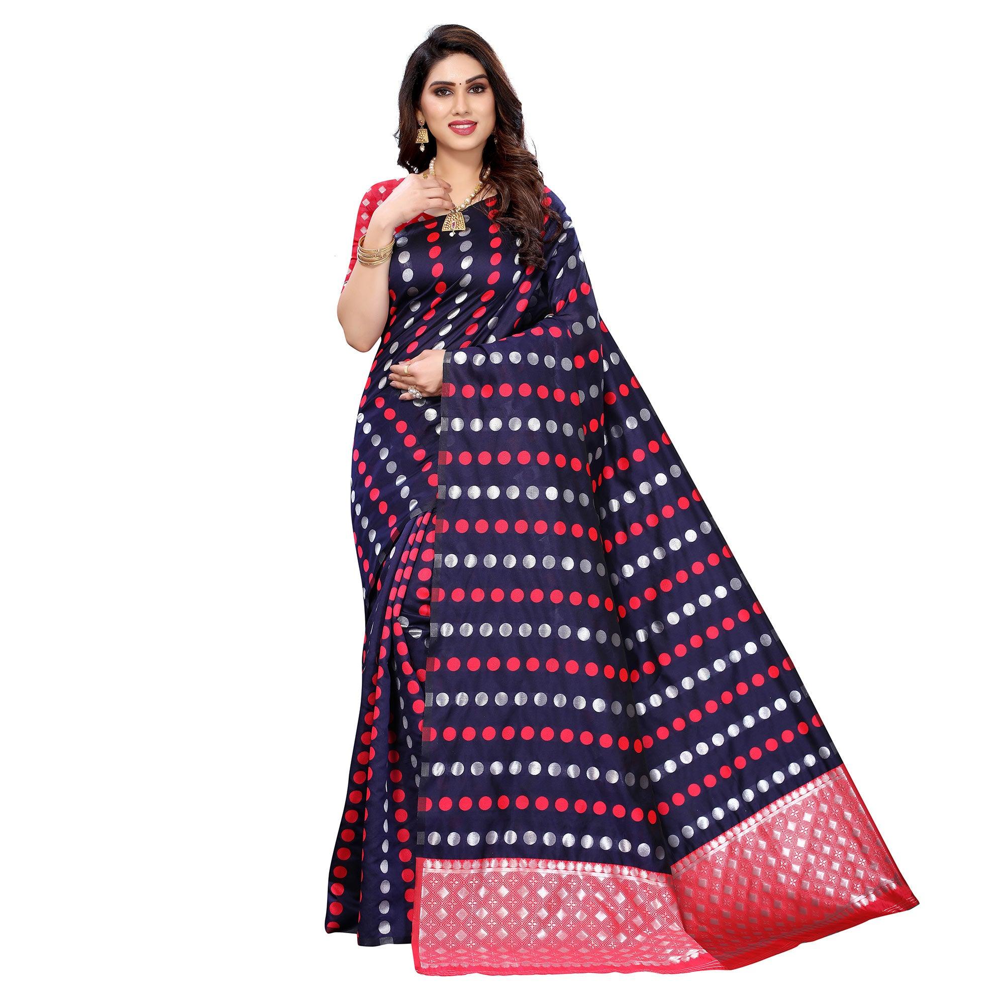 Navy Blue Casual Wear Woven Banarasi Silk Saree - Peachmode