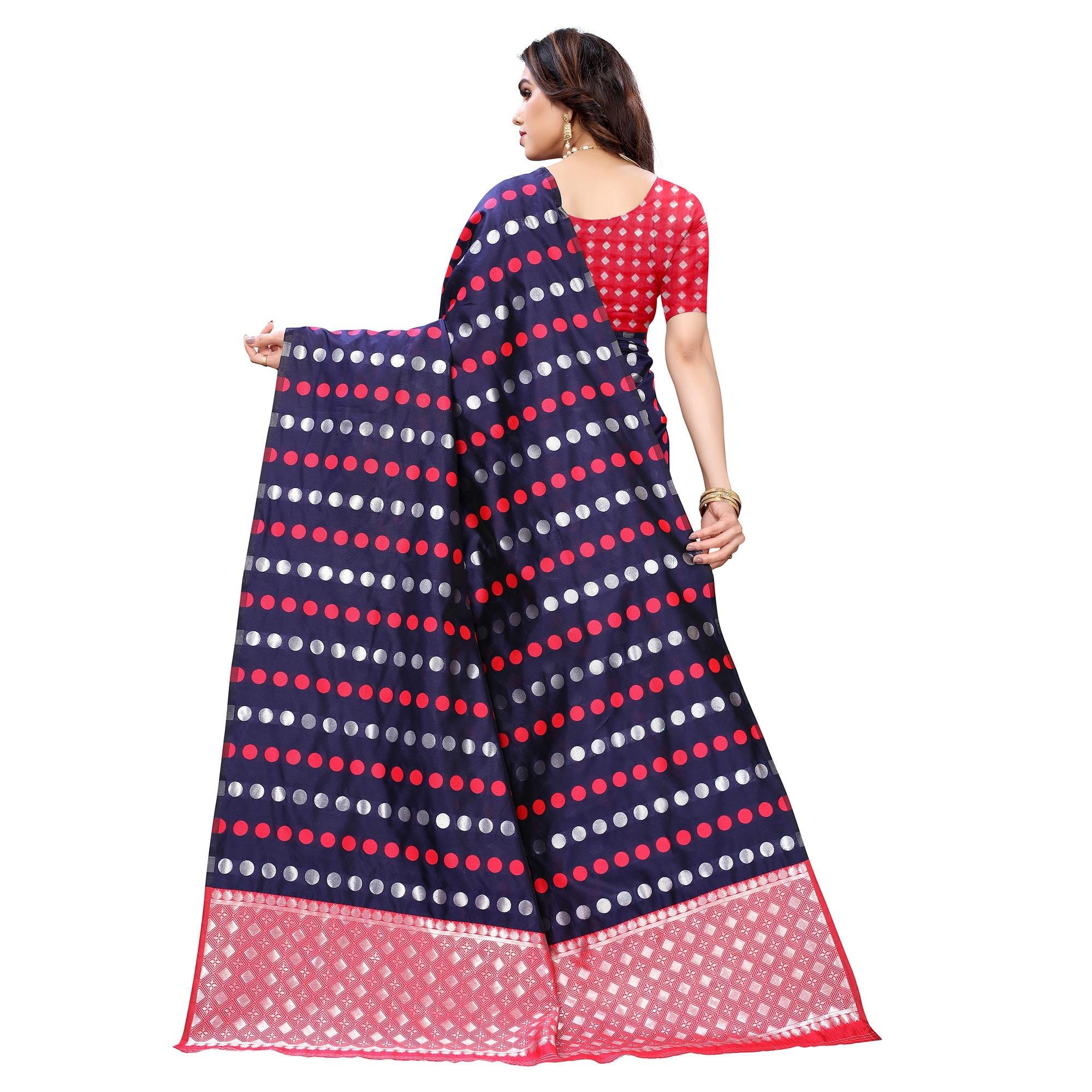 Navy Blue Casual Wear Woven Banarasi Silk Saree - Peachmode