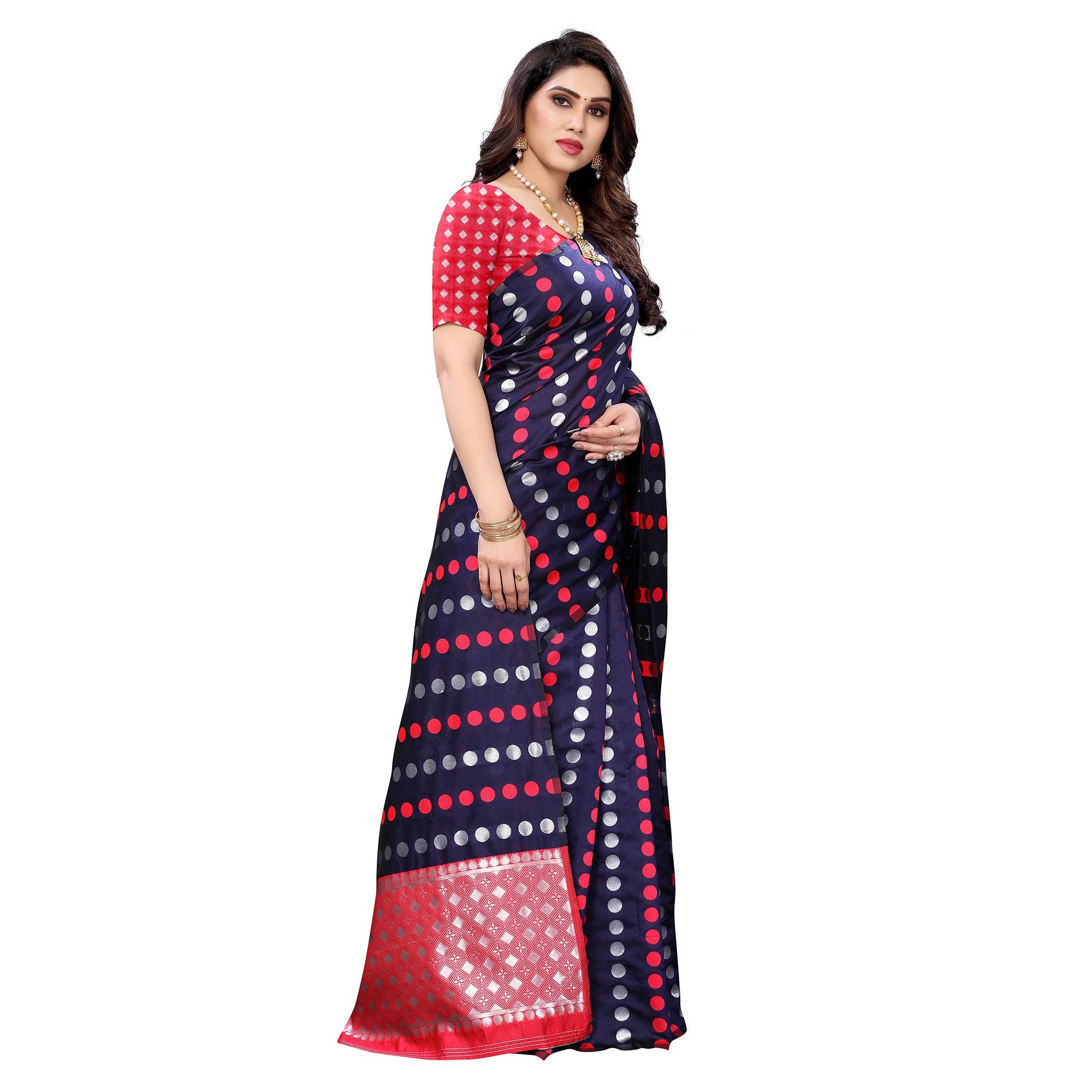 Navy Blue Casual Wear Woven Banarasi Silk Saree - Peachmode