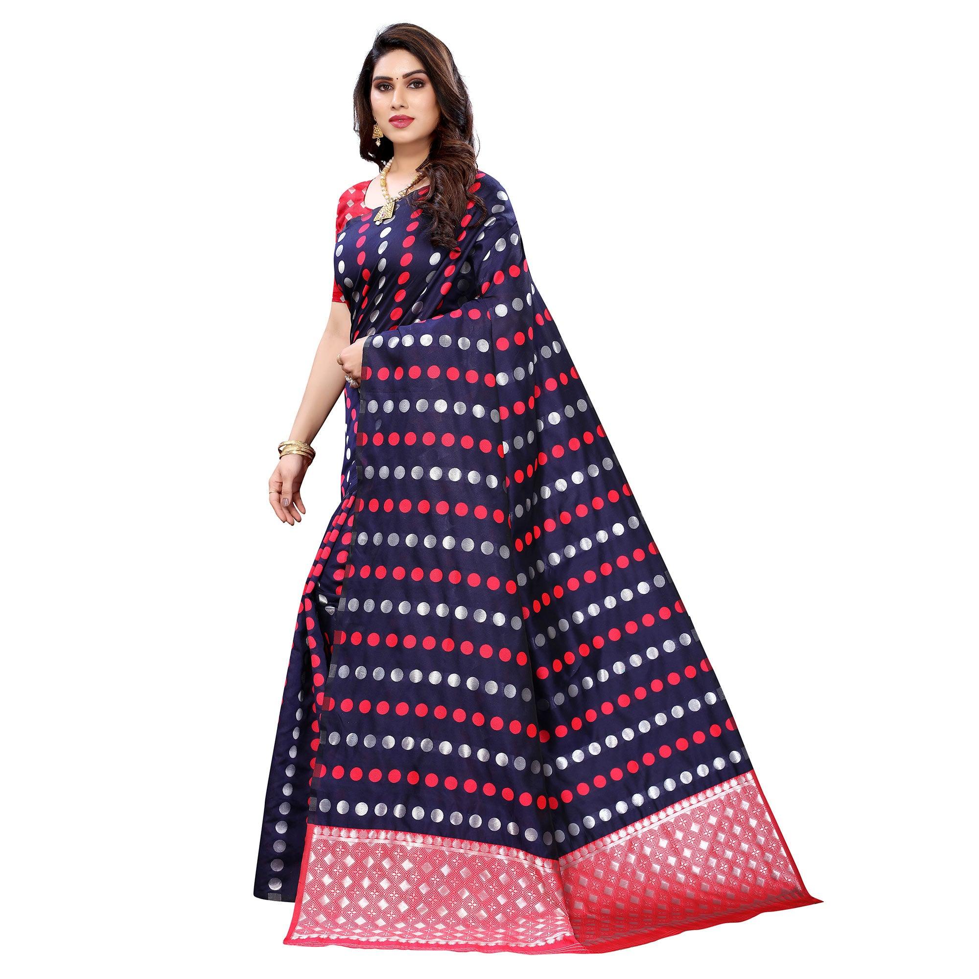 Navy Blue Casual Wear Woven Banarasi Silk Saree - Peachmode