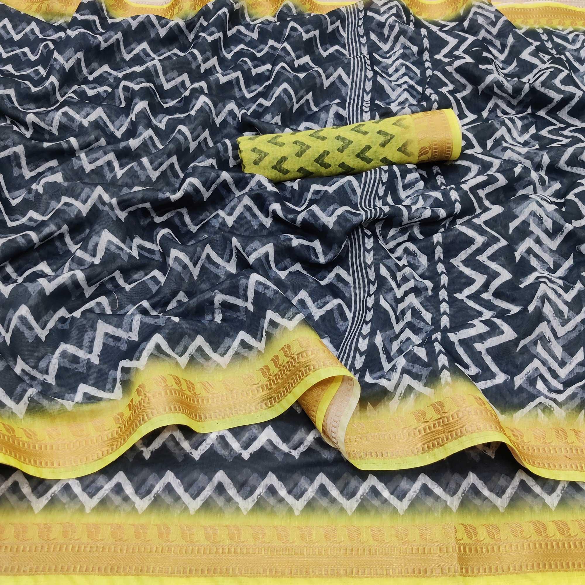 Navy Blue Casual Wear Zigzag Digital Printed Linen Saree - Peachmode