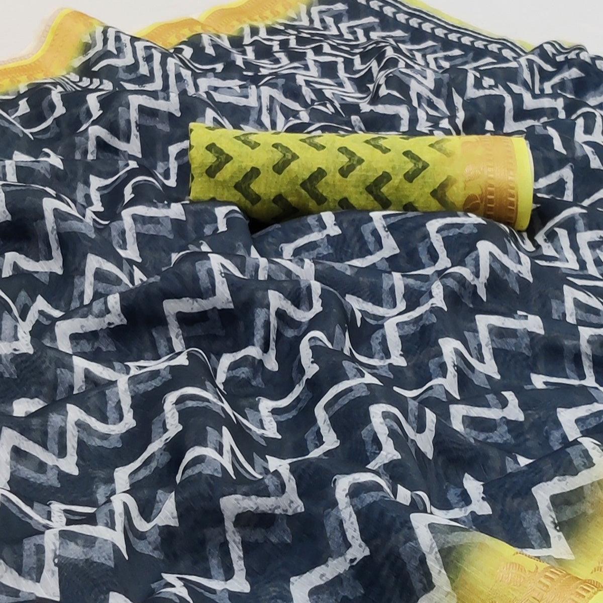 Navy Blue Casual Wear Zigzag Digital Printed Linen Saree - Peachmode