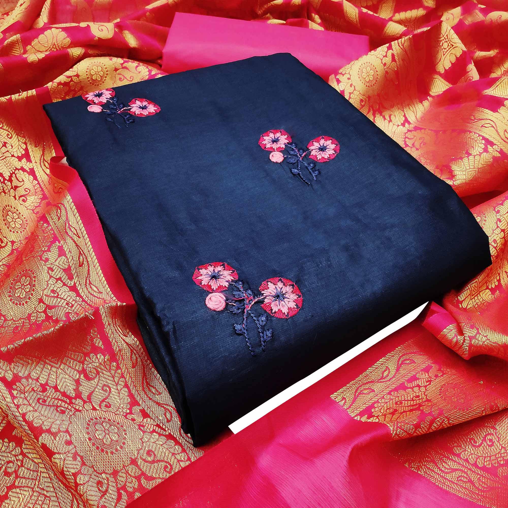 Navy Blue Colored Casual Wear Embroidered Cotton Dress Material With Banarasi Silk Dupatta - Peachmode