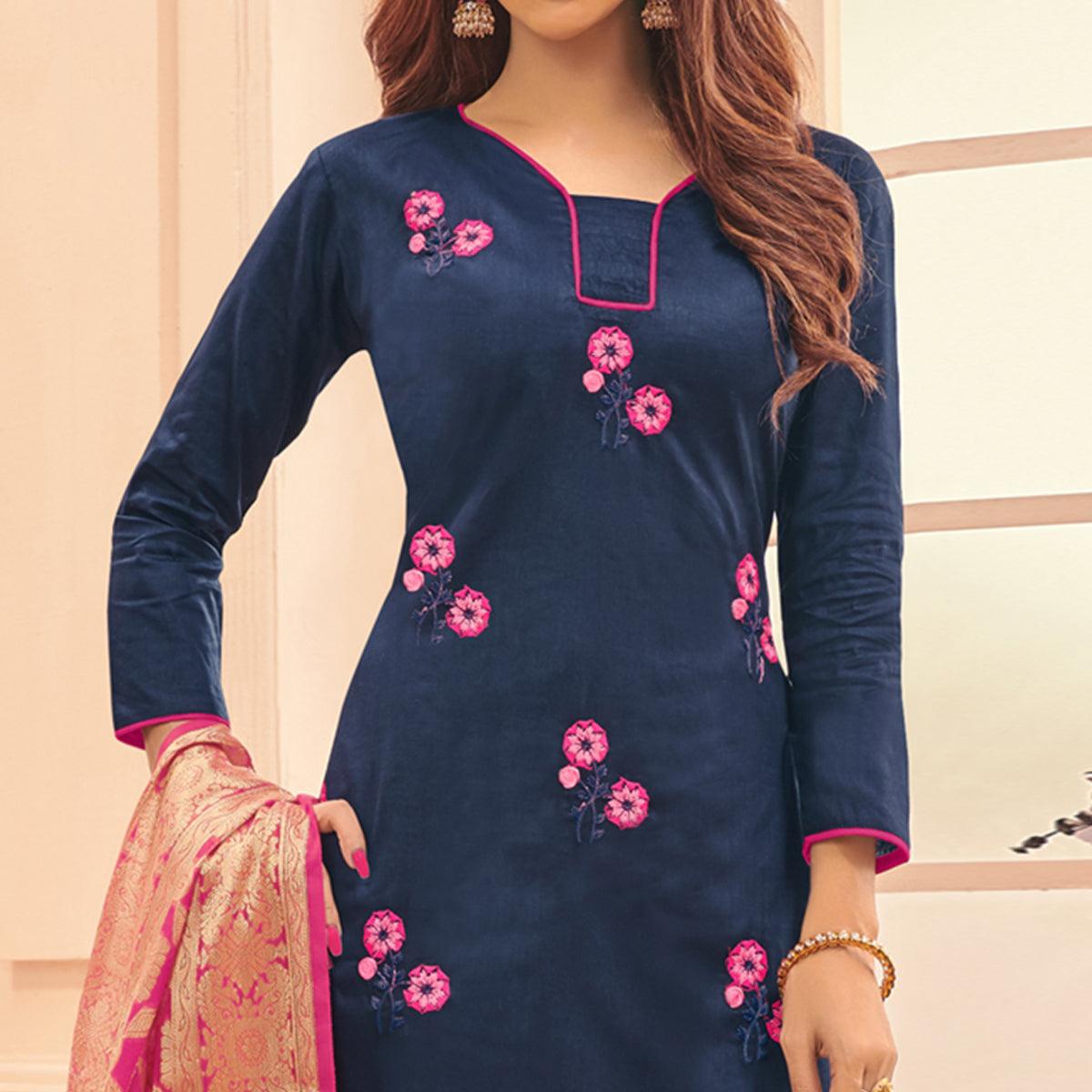 Navy Blue Colored Casual Wear Embroidered Cotton Dress Material With Banarasi Silk Dupatta - Peachmode