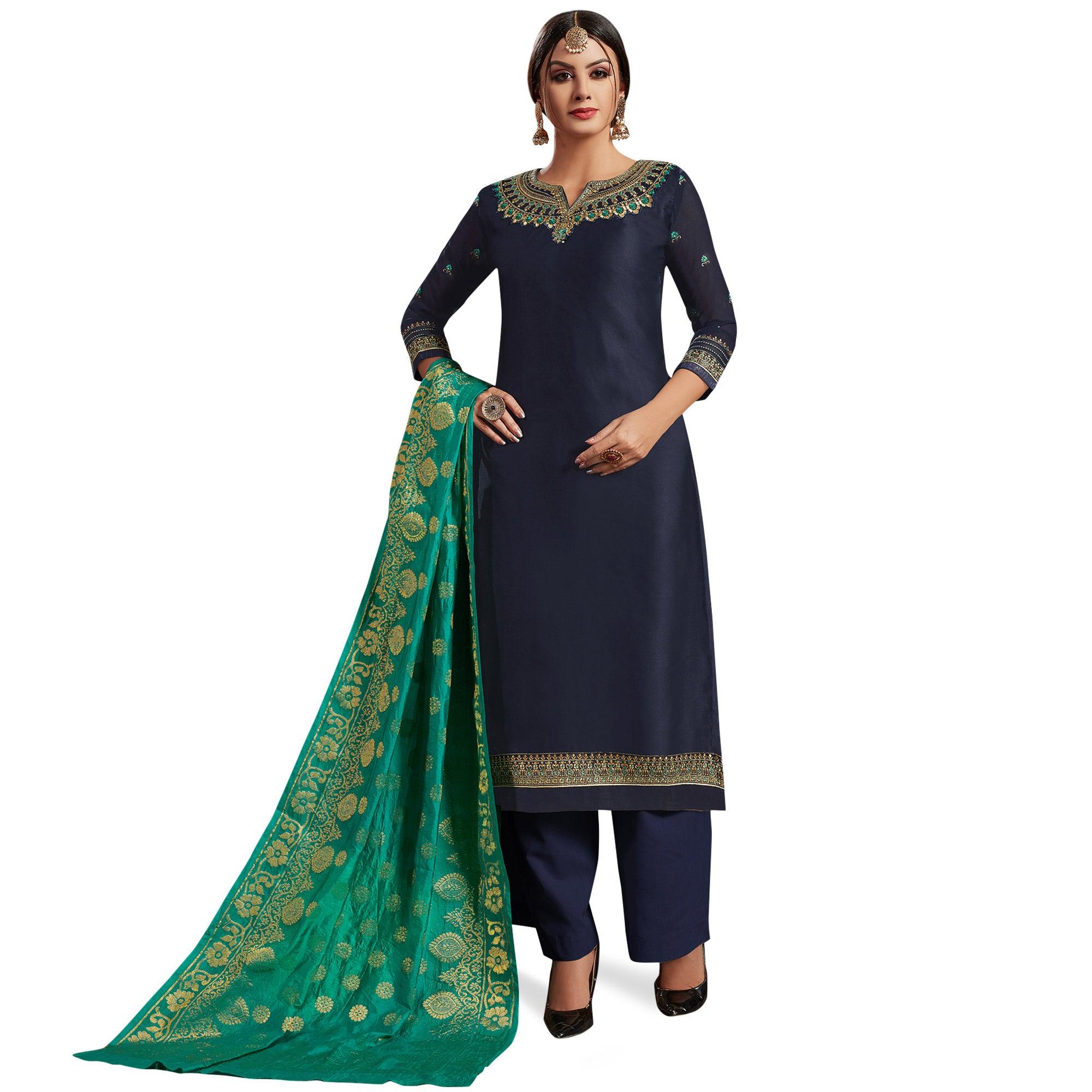 Navy Blue Colored Partywear Embroidered Satin-Georgette Palazzo Suit With Banarasi Silk Dupatta - Peachmode
