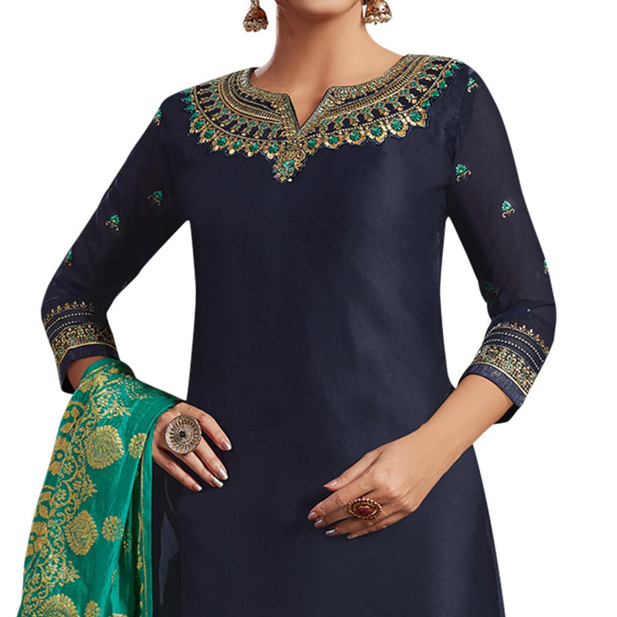 Navy Blue Colored Partywear Embroidered Satin-Georgette Palazzo Suit With Banarasi Silk Dupatta - Peachmode
