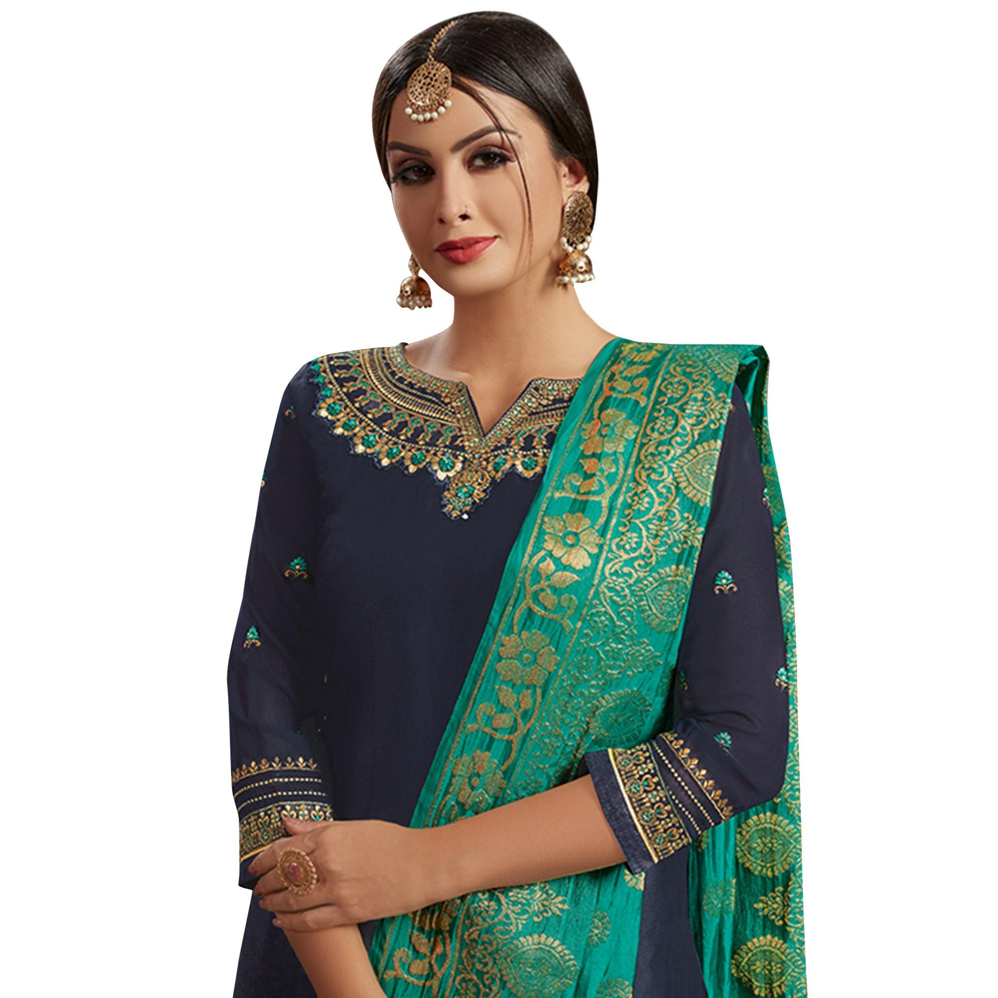 Navy Blue Colored Partywear Embroidered Satin-Georgette Palazzo Suit With Banarasi Silk Dupatta - Peachmode
