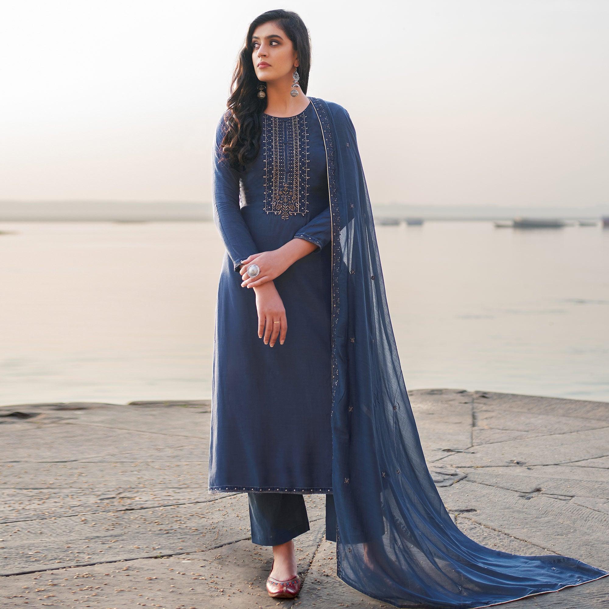 Navy Blue Coloured Handwork Partywear Cotton Silk Palazzo Suit - Peachmode
